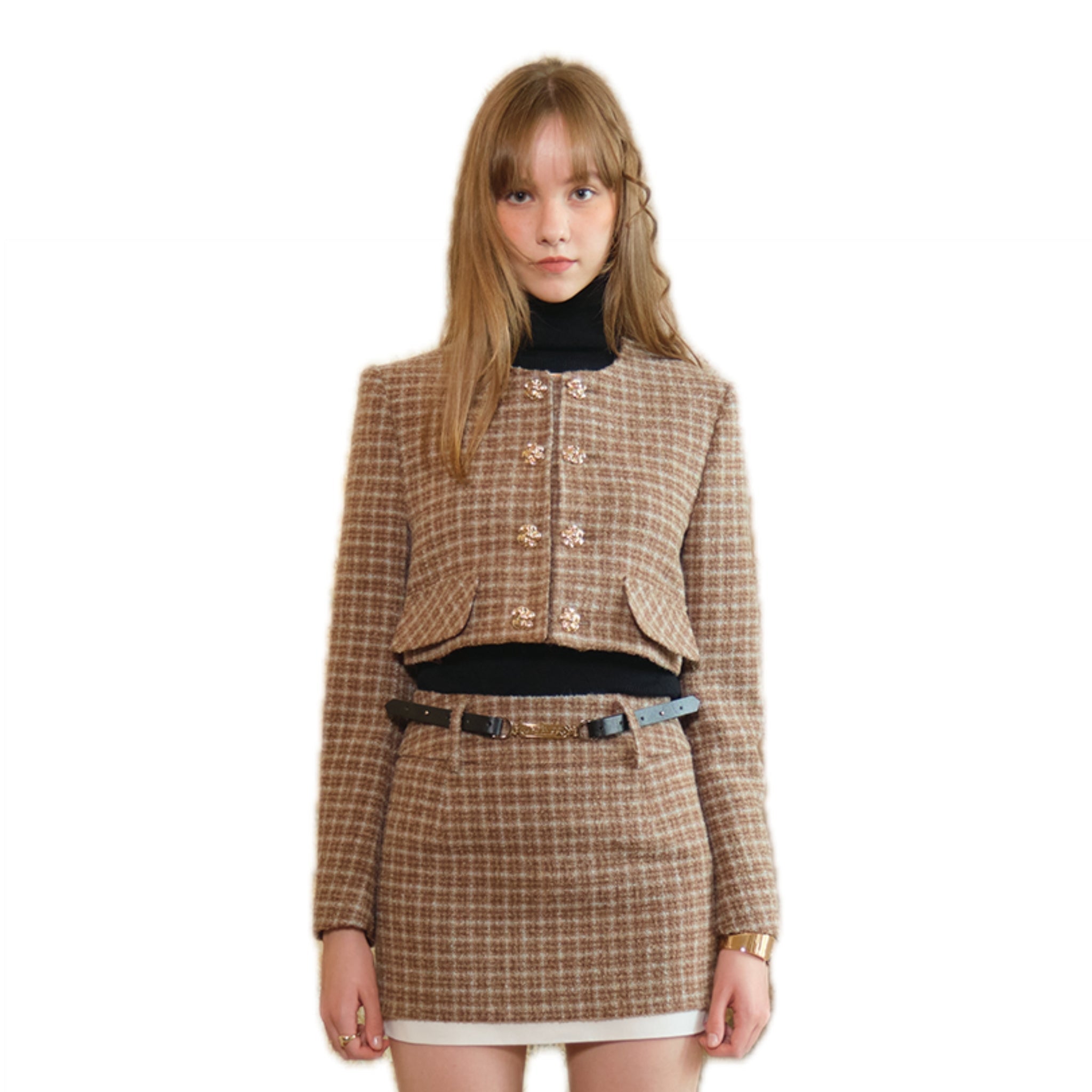 ARTE PURA Brown Check Double Breasted Short Jacket | MADA IN CHINA