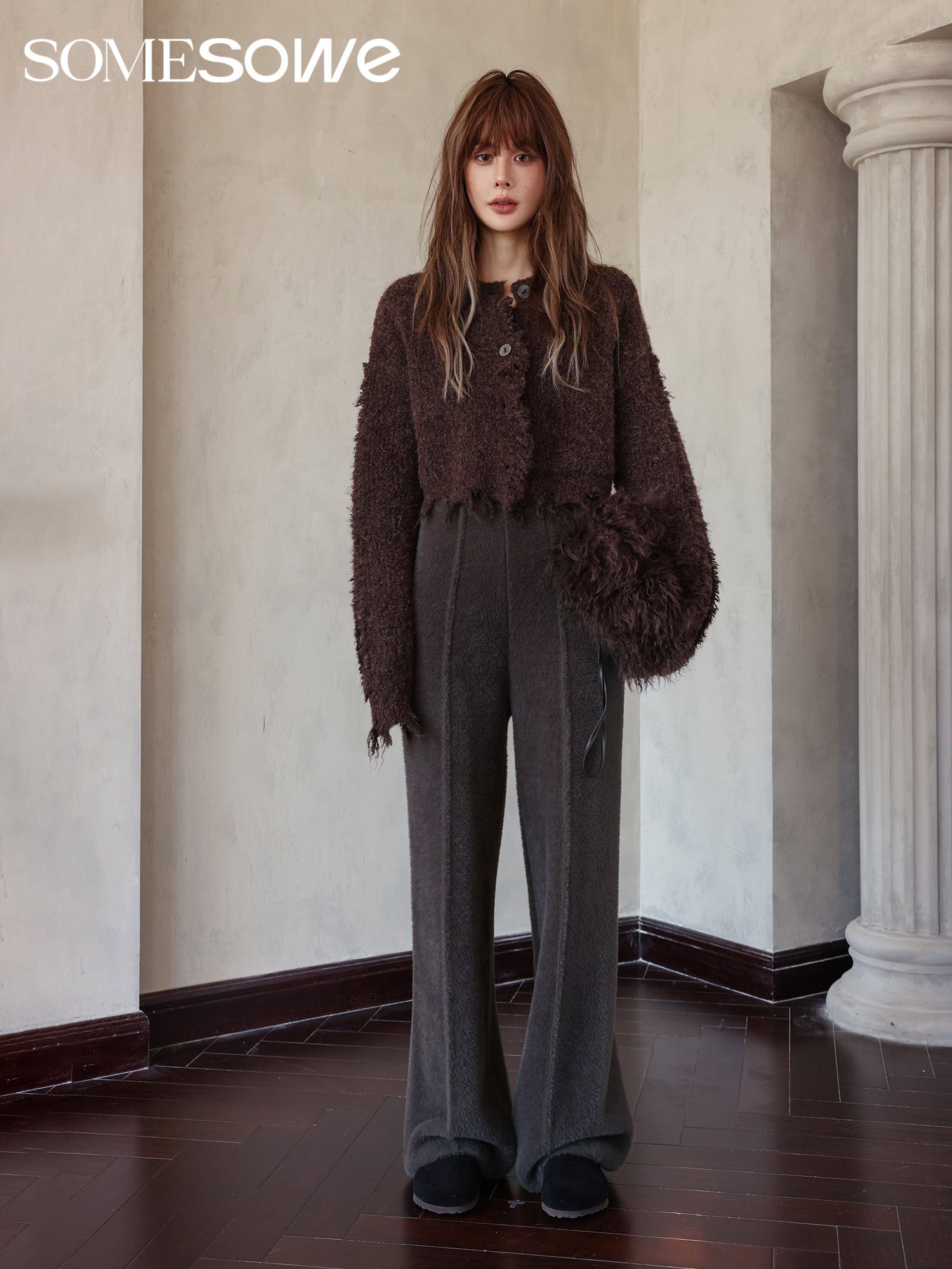 SOMESOWE Brown Faux Fur Knitting Pants | MADA IN CHINA