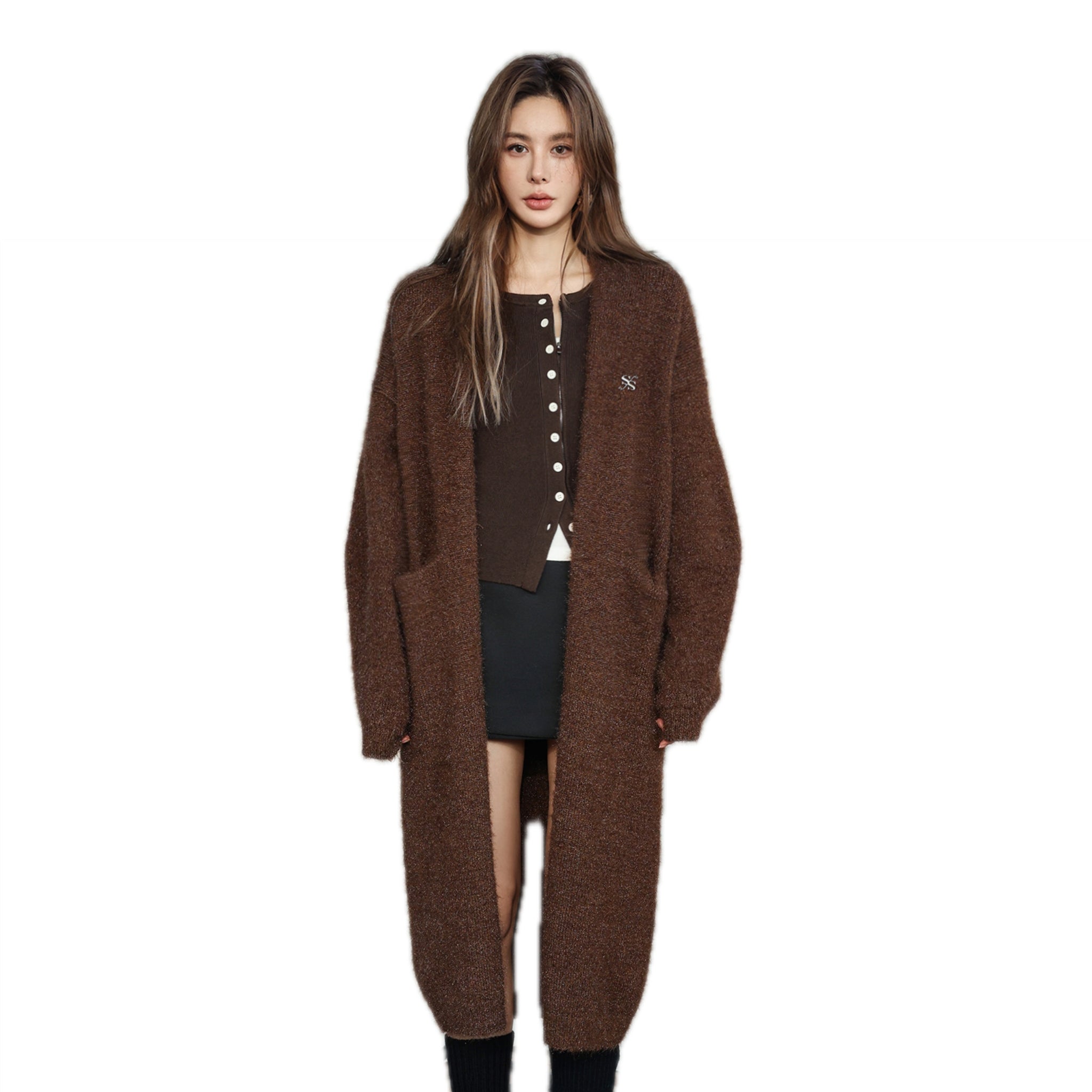 SOMESOWE Brown Fluffy Blend Long Cardigan | MADA IN CHINA