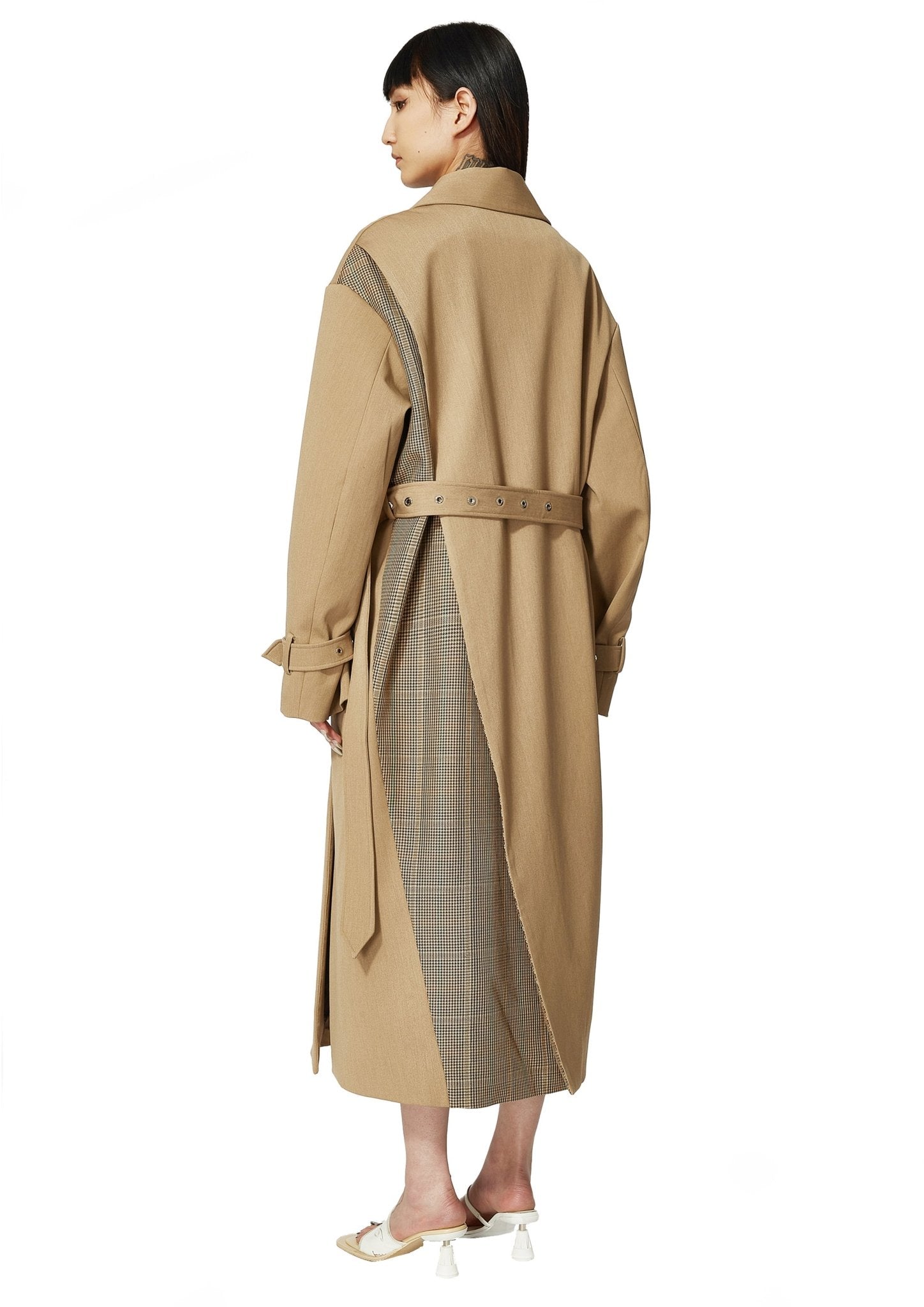 MARRKNULL Camel Dislocation Waist Belted Trench Coat | MADA IN CHINA