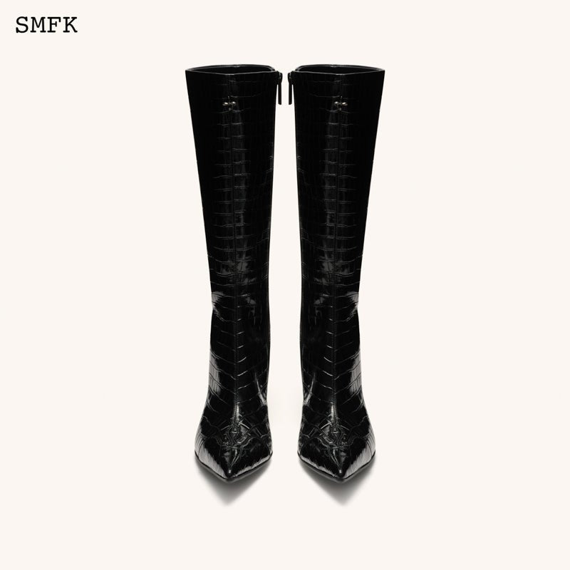 SMFK Compass Black Crocodile-Embossed Leather High Boots | MADA IN CHINA