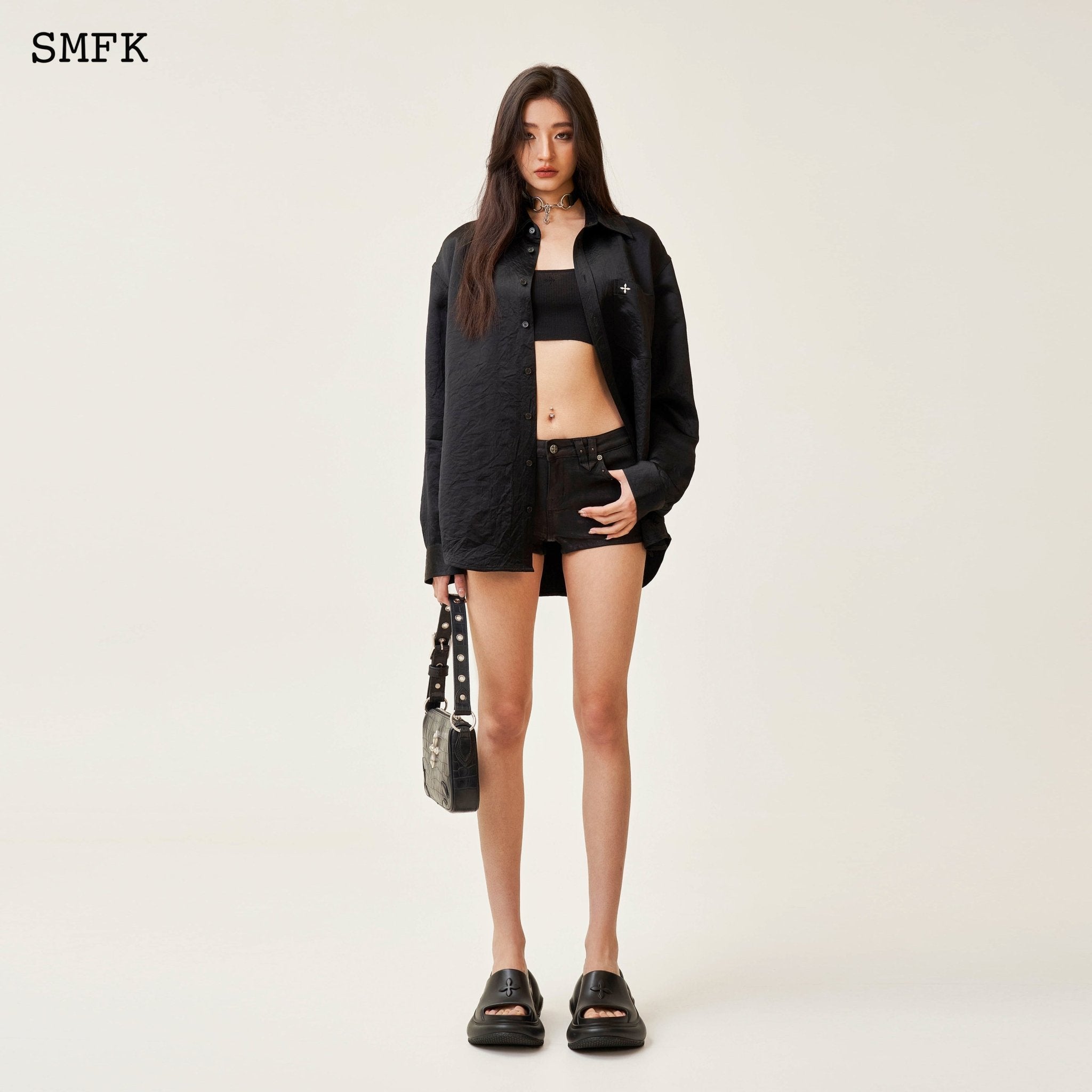 SMFK Compass Cross Classic Satin Loose Shirt In Black | MADA IN CHINA