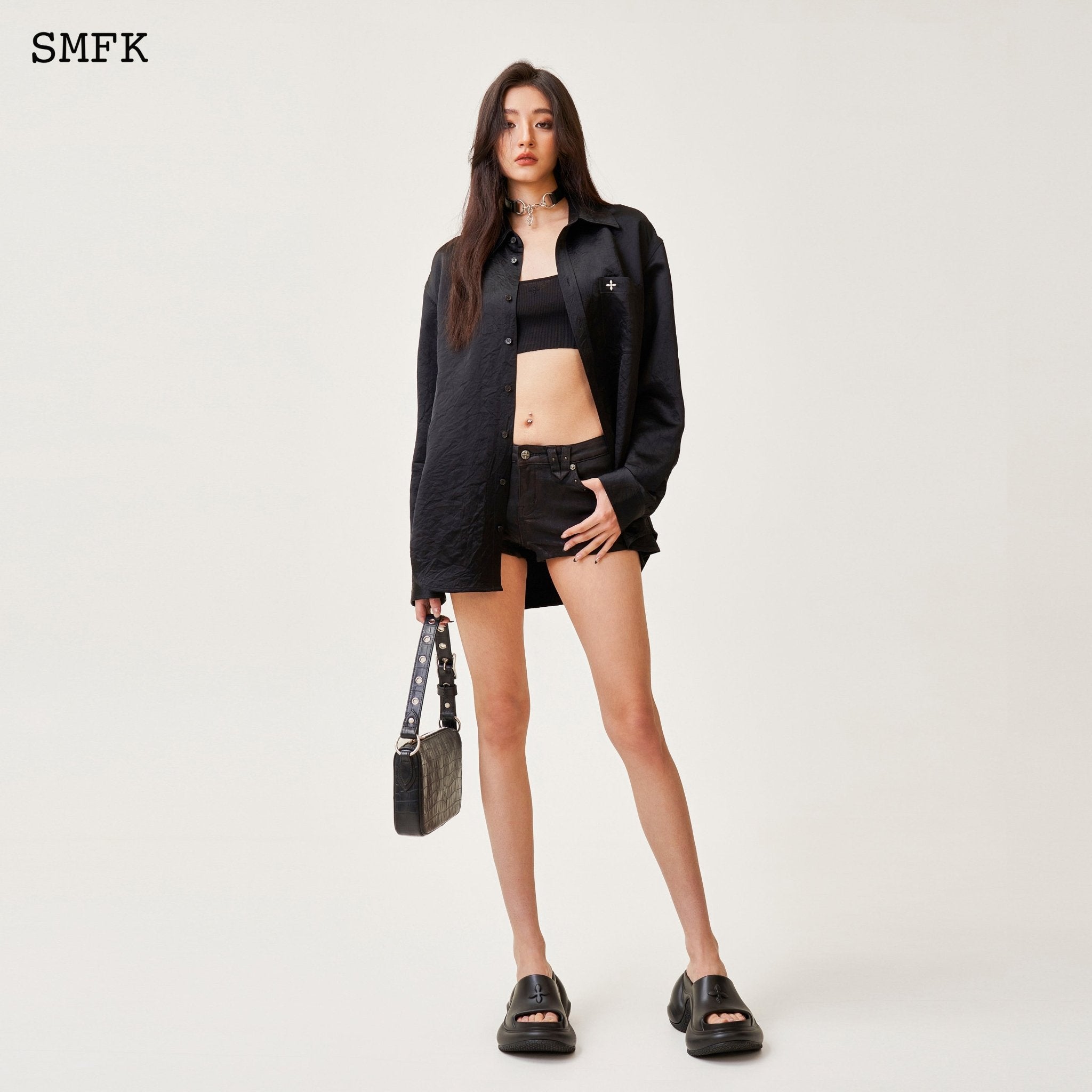 SMFK Compass Cross Classic Satin Loose Shirt In Black | MADA IN CHINA