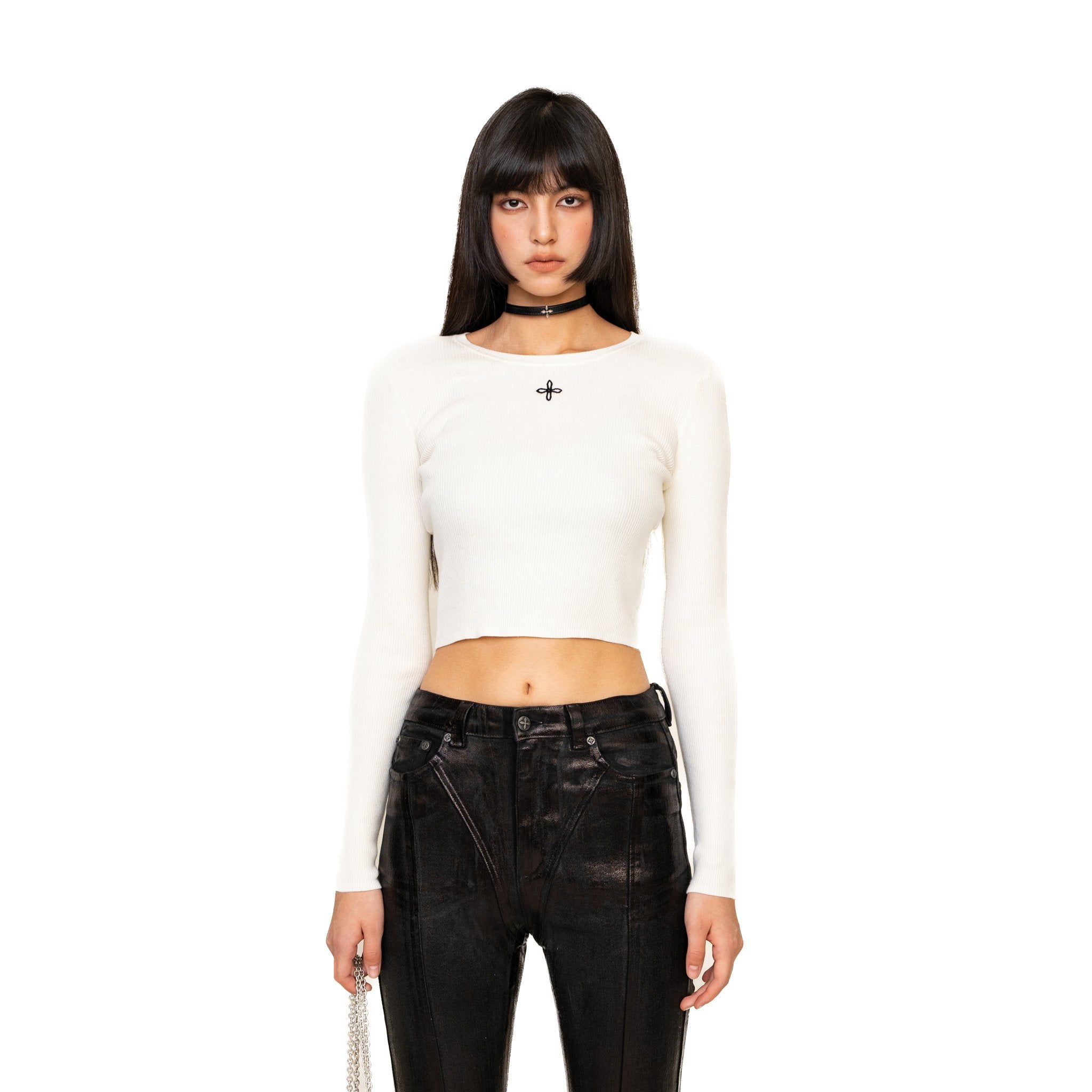 SMFK Compass Cross Rib Knit Top In White | MADA IN CHINA