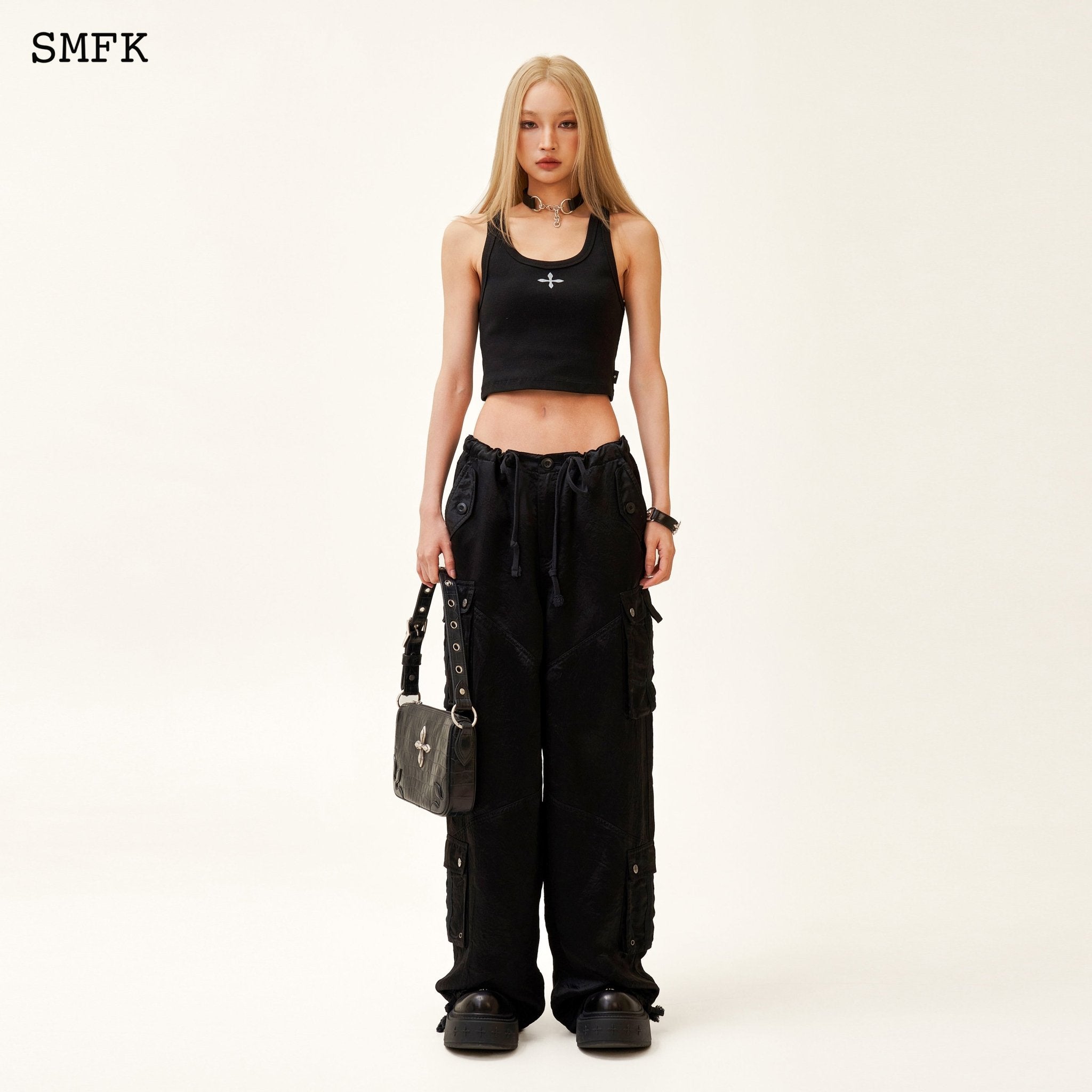 SMFK Compass Jade Satin Retro Paratrooper Pants Black | MADA IN CHINA