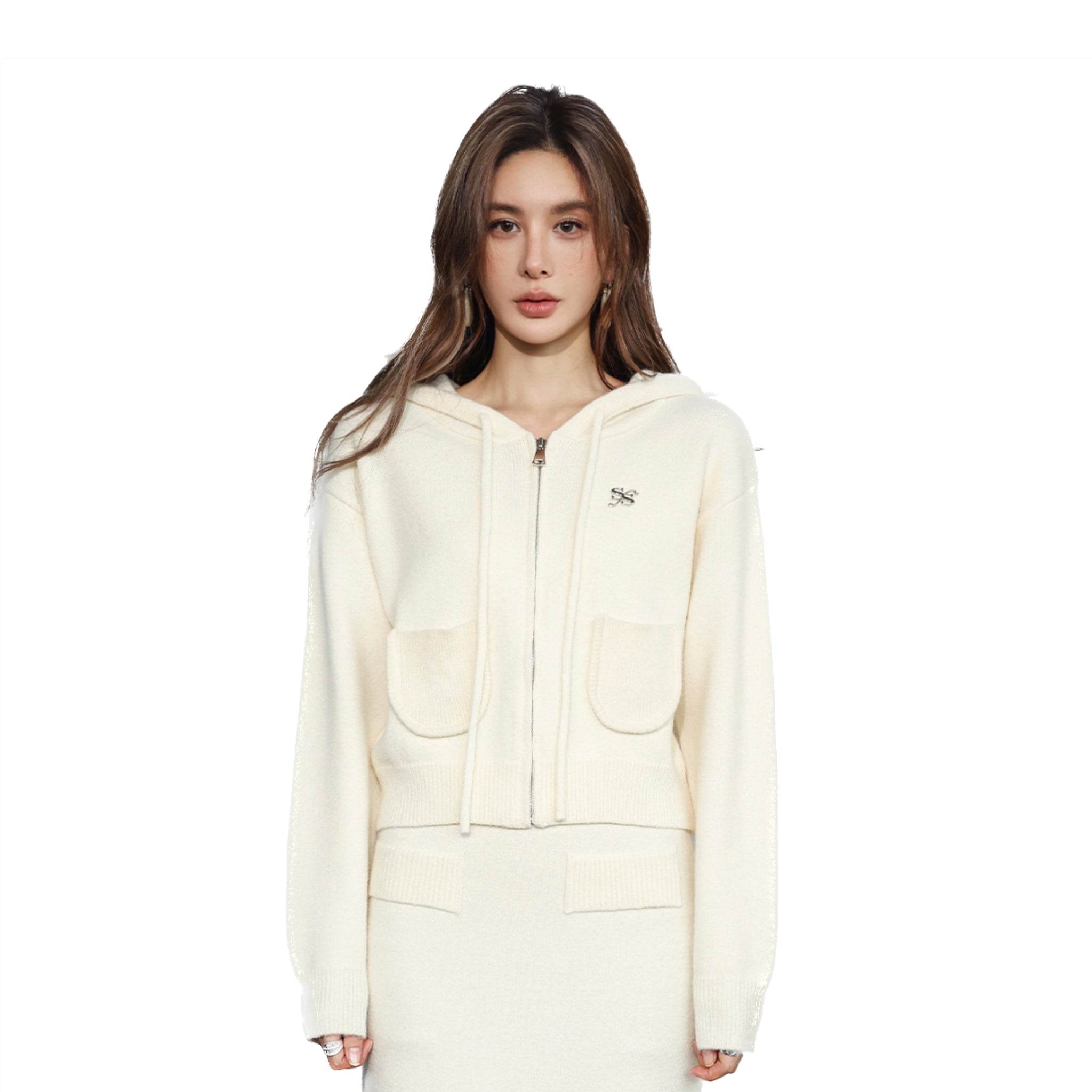 SOMESOWE Cream Hooded Knit Short Cardigan | MADA IN CHINA