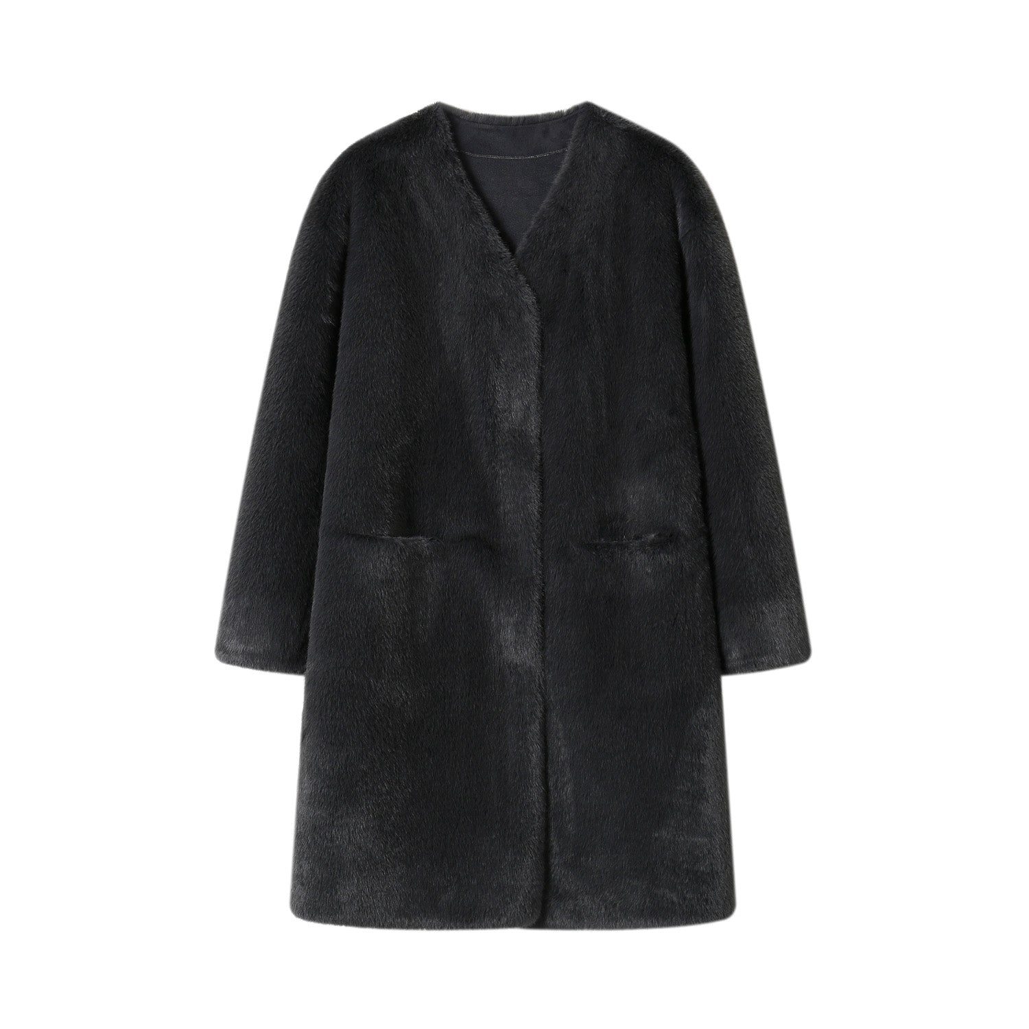 SOMESOWE Dark Grey Fluffy Faux Mink Long Coat | MADA IN CHINA