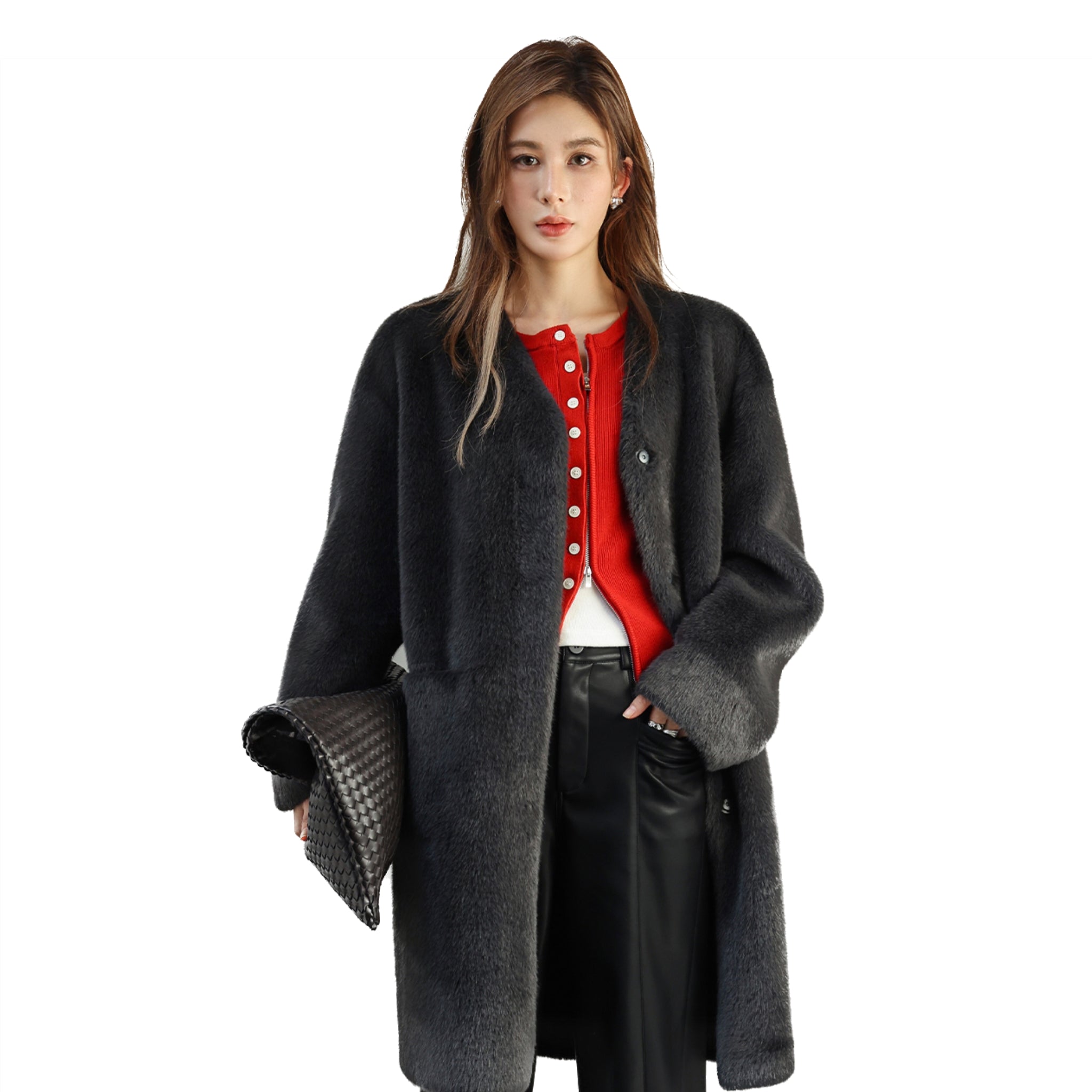 SOMESOWE Dark Grey Fluffy Faux Mink Long Coat | MADA IN CHINA