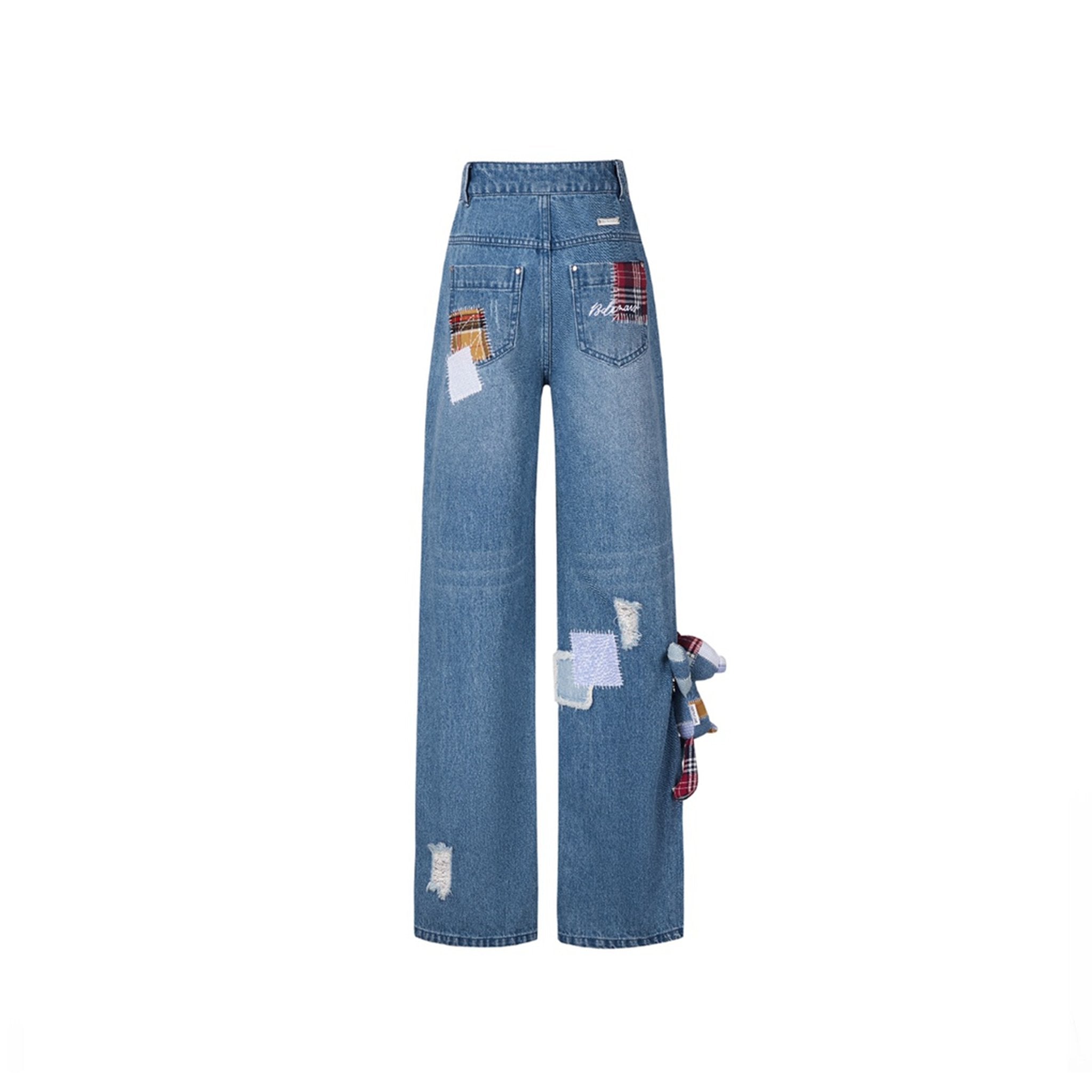 13DE MARZO Denim Bear Plaid Patch leans Washed Blue | MADA IN CHINA