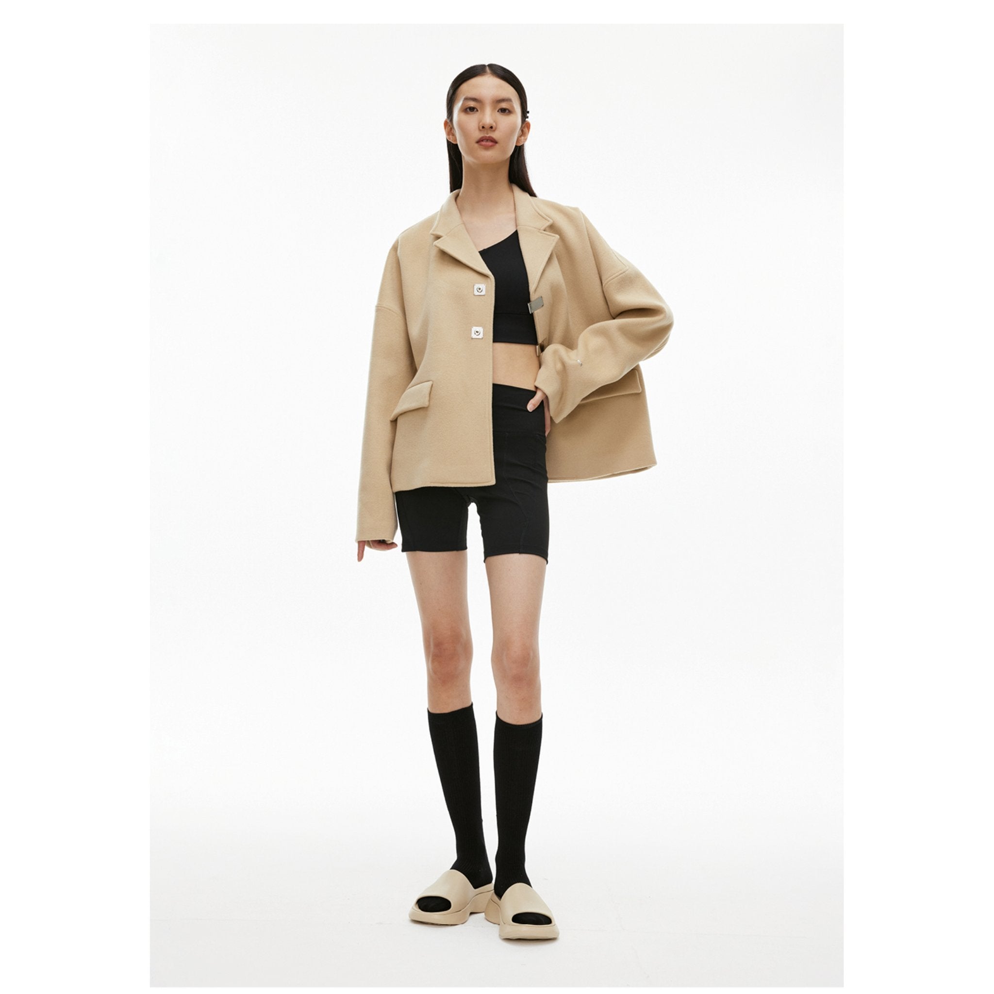 Unawares Double Row Custom Adjustable Button Short Woolen Jacket Khaki | MADA IN CHINA