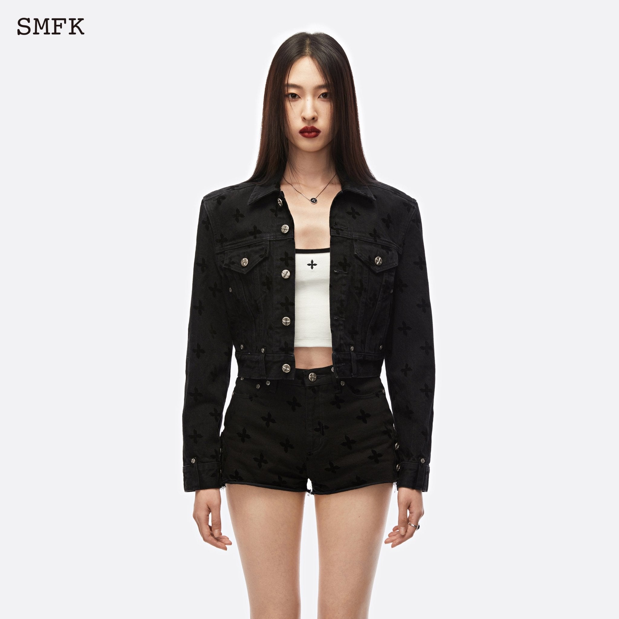 SMFK Garden Midnight Garden Biker Denim Short Jacket Black | MADA IN CHINA