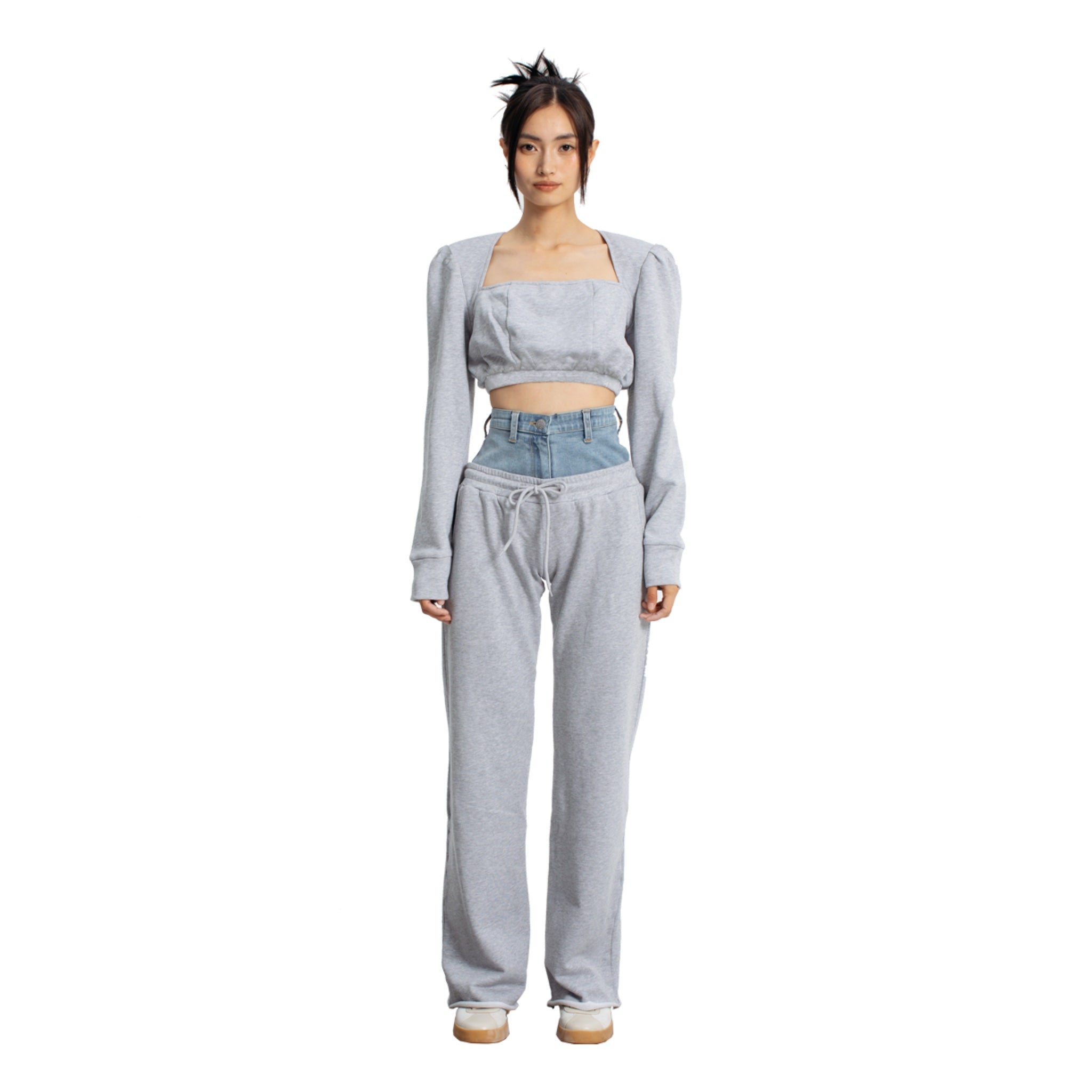 ANN ANDELMAN Gray Patchwork Denim Double Waist Sweatpants | MADA IN CHINA