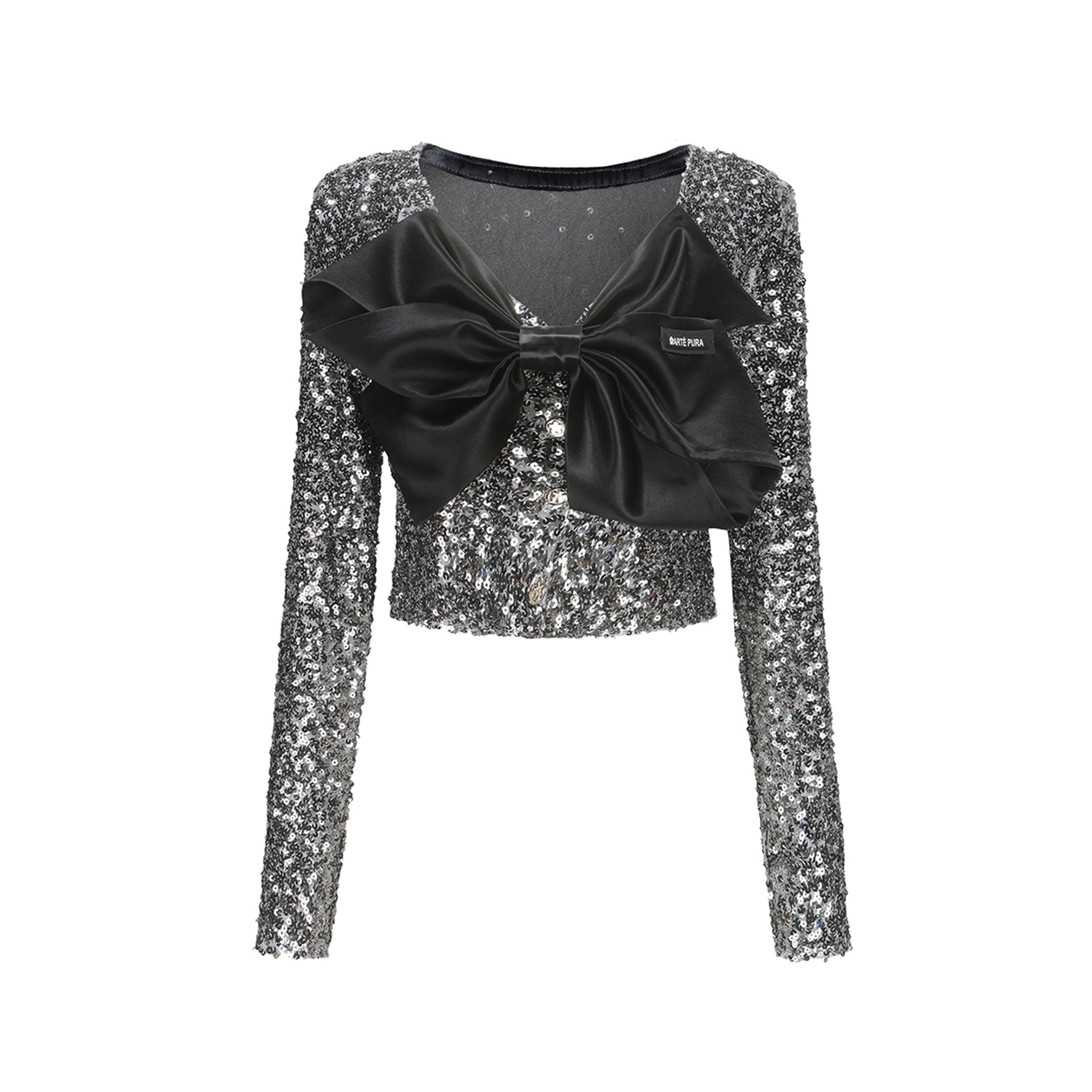 ARTE PURA Gray Sequined Bow Cardigan | MADA IN CHINA