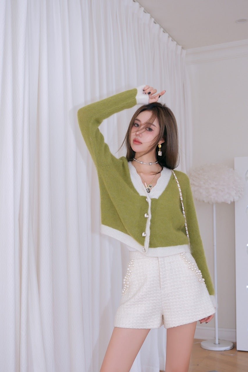 DIANA VEVINA Green Pearl Trim Heart Button Cardigan | MADA IN CHINA