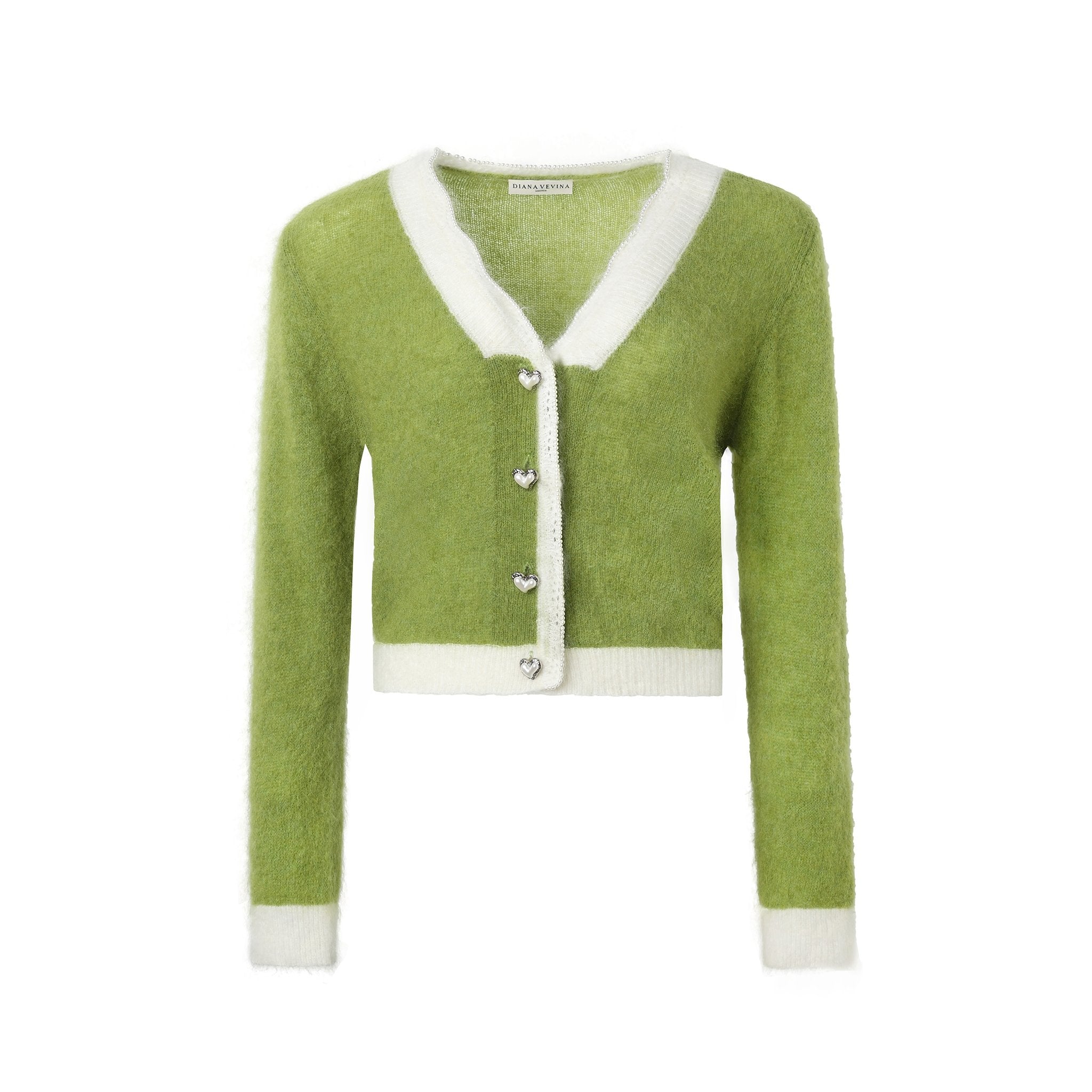 DIANA VEVINA Green Pearl Trim Heart Button Cardigan | MADA IN CHINA