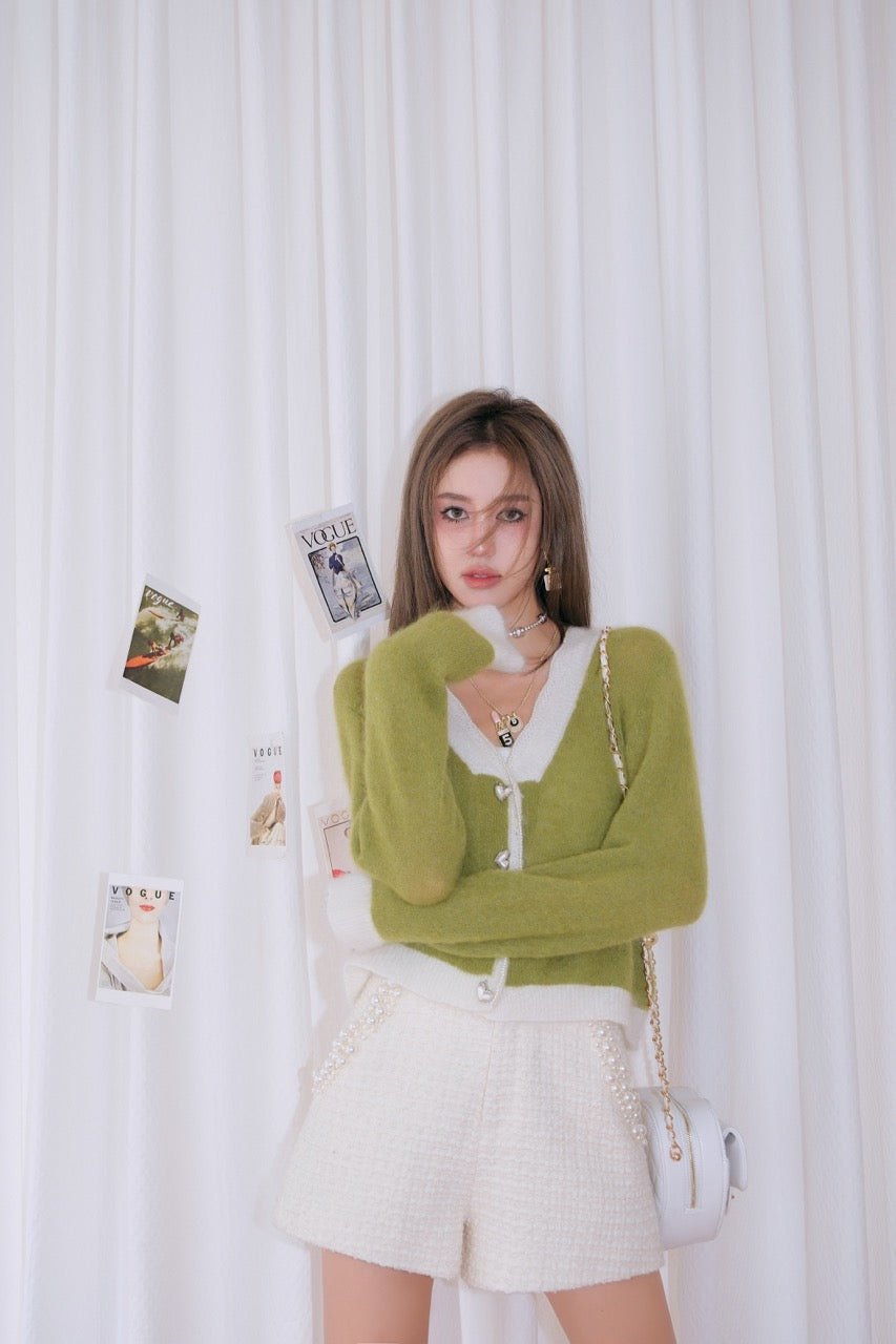 DIANA VEVINA Green Pearl Trim Heart Button Cardigan | MADA IN CHINA