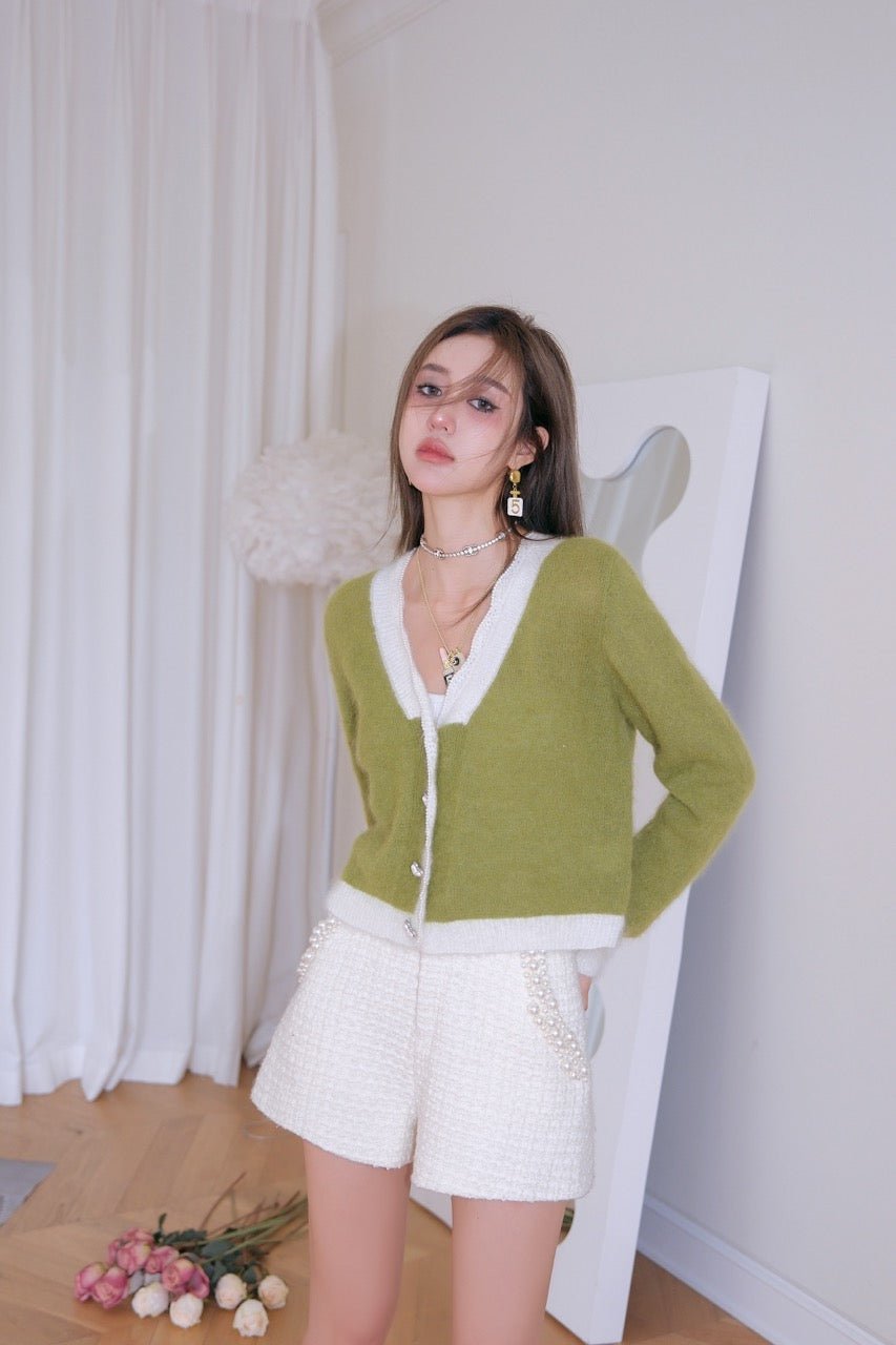 DIANA VEVINA Green Pearl Trim Heart Button Cardigan | MADA IN CHINA