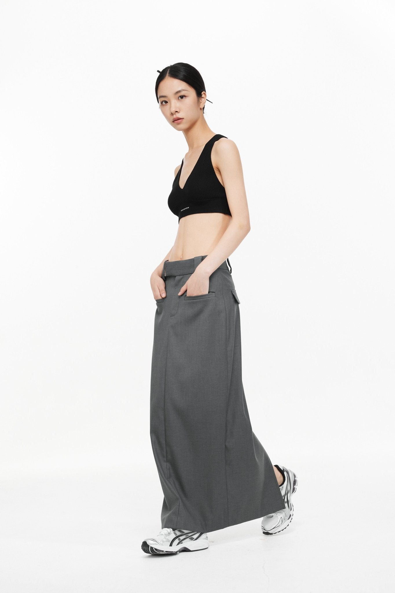 UNAWARES Grey Custom Metal Clip Side-Slit Mid-Length Skirt | MADA IN CHINA