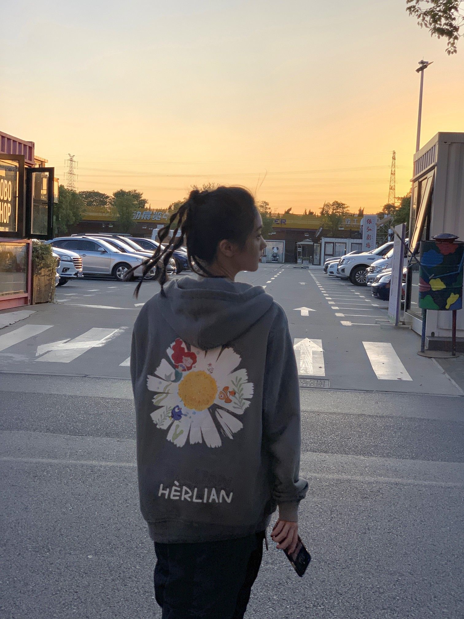 HERLIAN Grey Daisy Print Zipped Hoodie | MADA IN CHINA