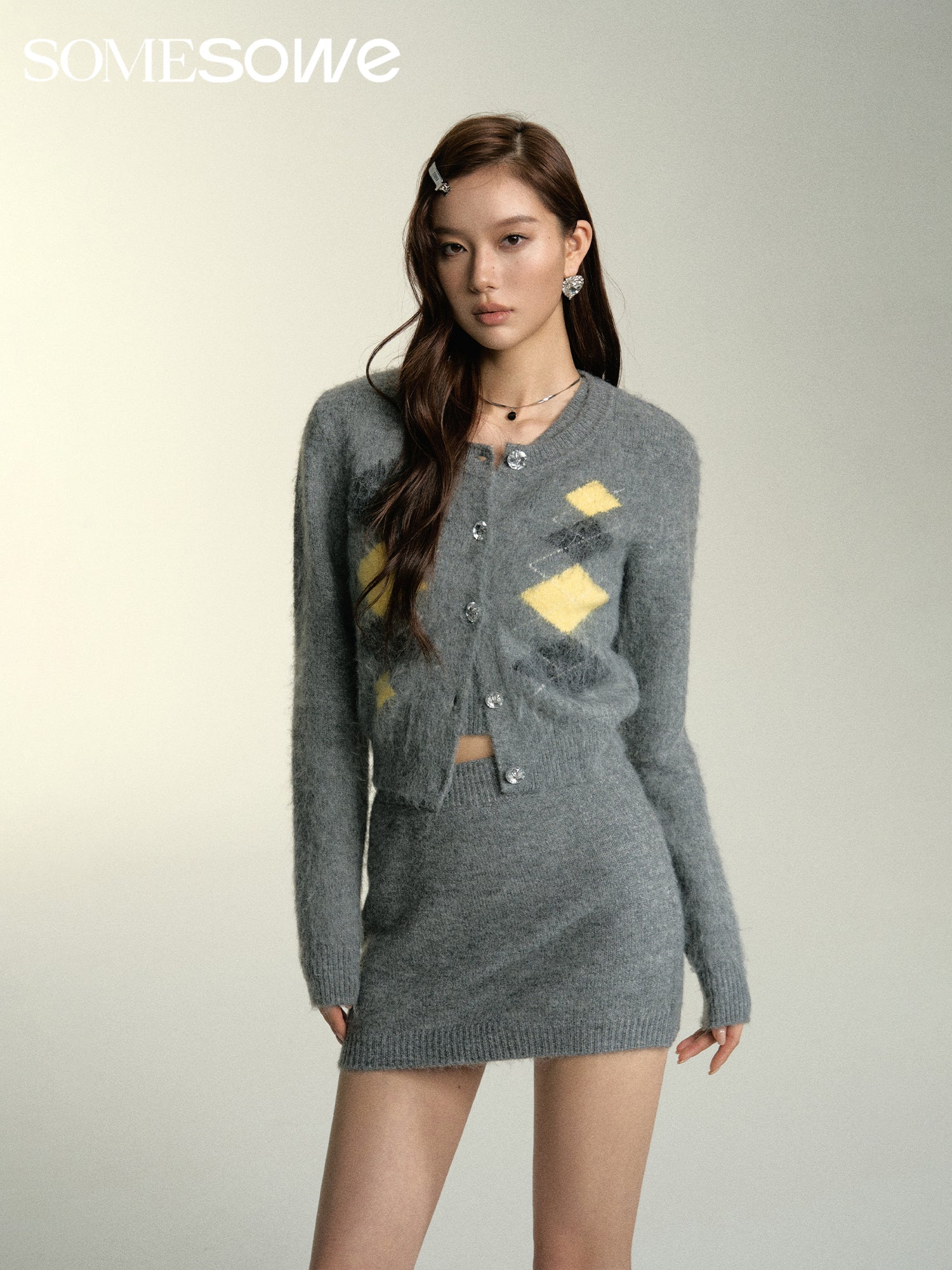 SOMESOWE Grey Diamond Pattern Cardigan | MADA IN CHINA