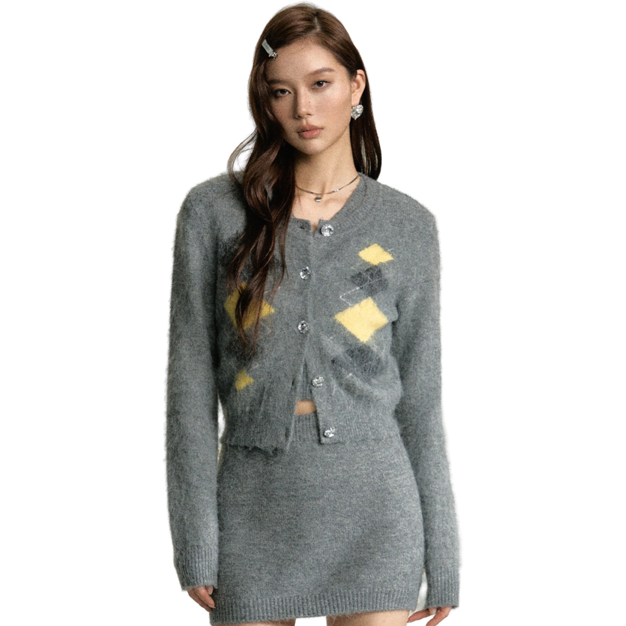 SOMESOWE Grey Diamond Pattern Cardigan | MADA IN CHINA