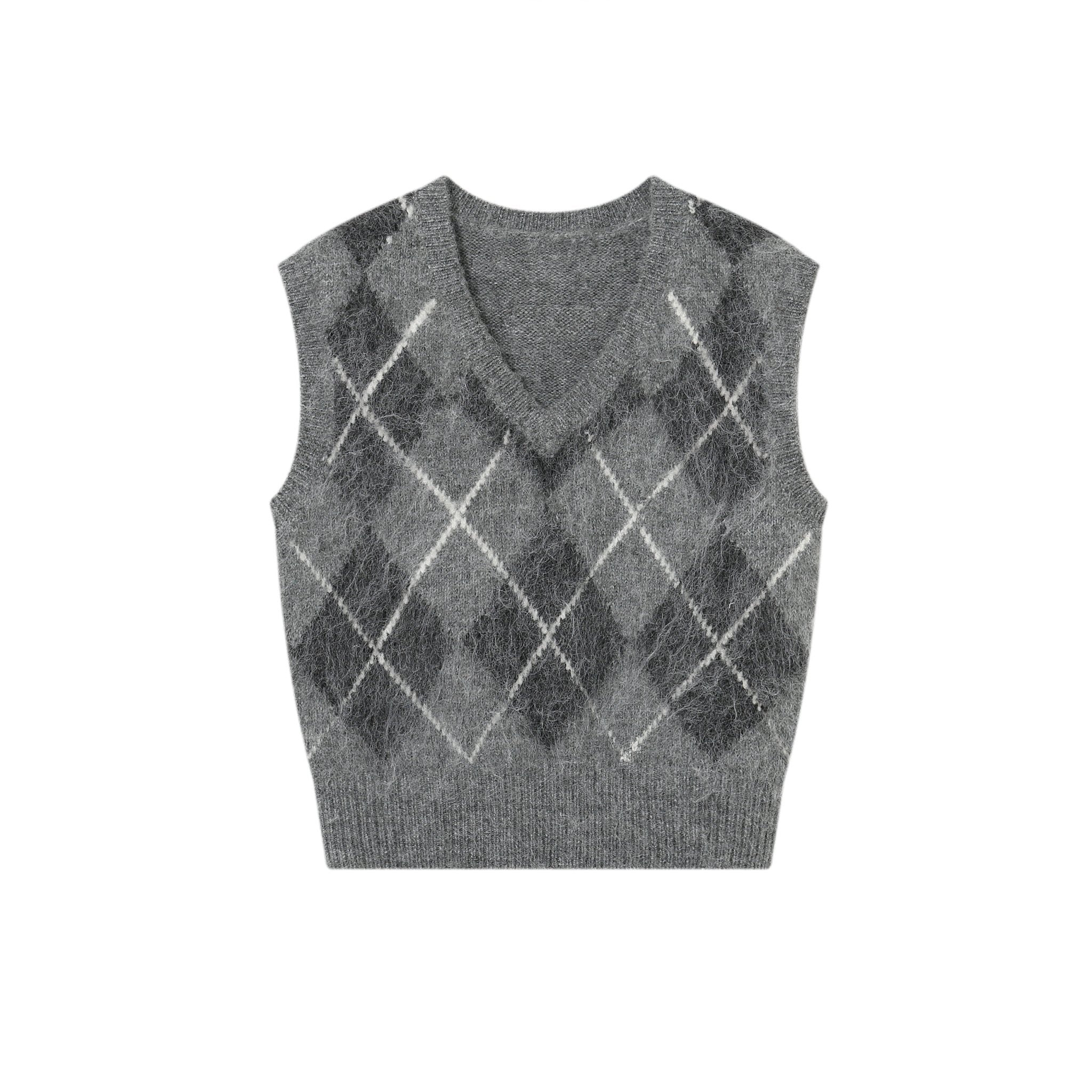 SOMESOWE Grey Diamond Pattern Short Vest | MADA IN CHINA