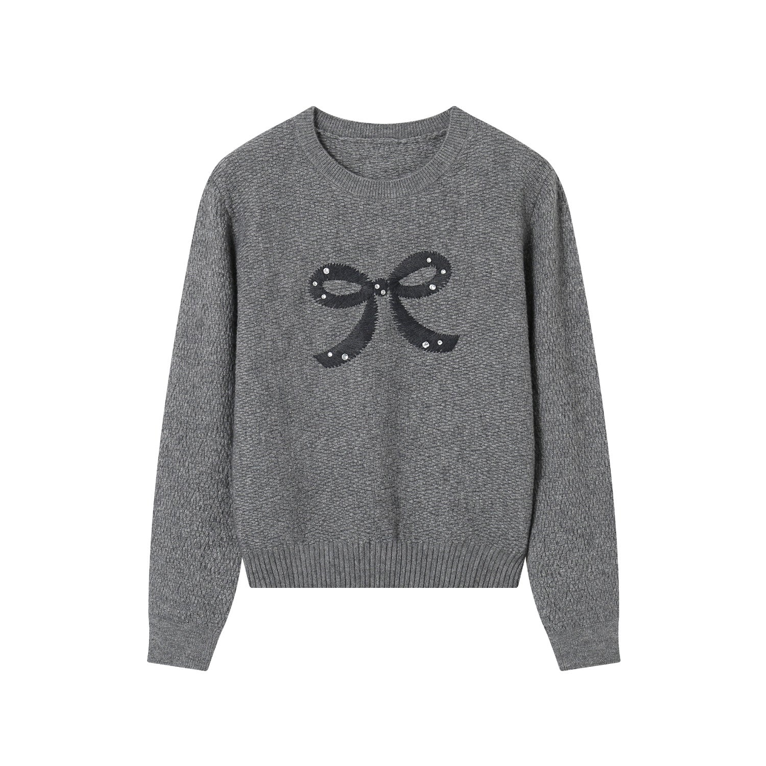 SOMESOWE Grey Embroidered Bow Crew Neck Sweater | MADA IN CHINA