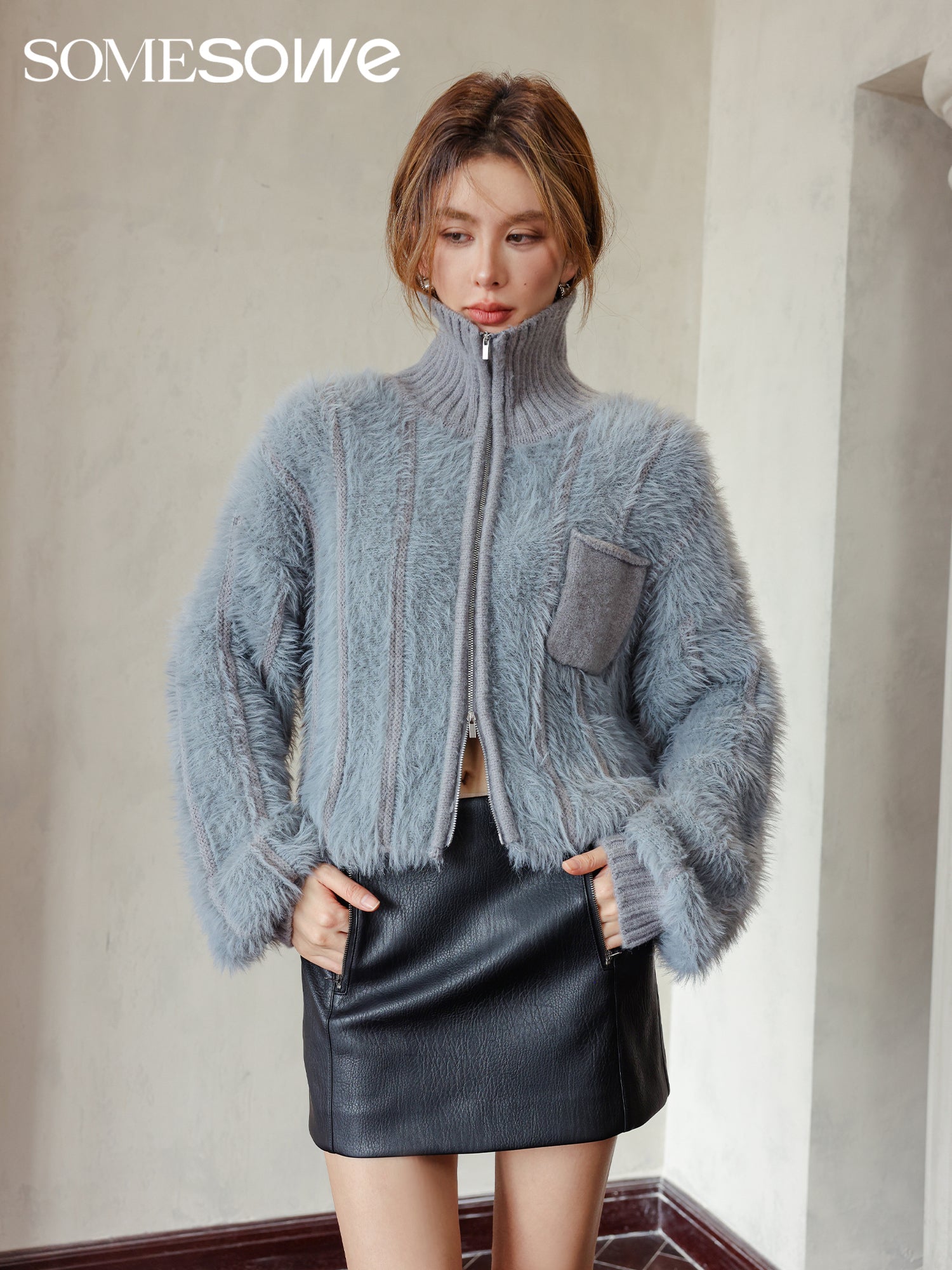 SOMESOWE Grey Faux Fur Zipper Cardigan | MADA IN CHINA