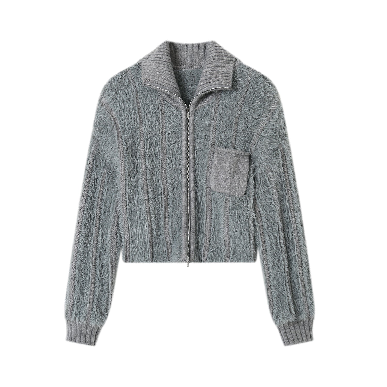 SOMESOWE Grey Faux Fur Zipper Cardigan | MADA IN CHINA