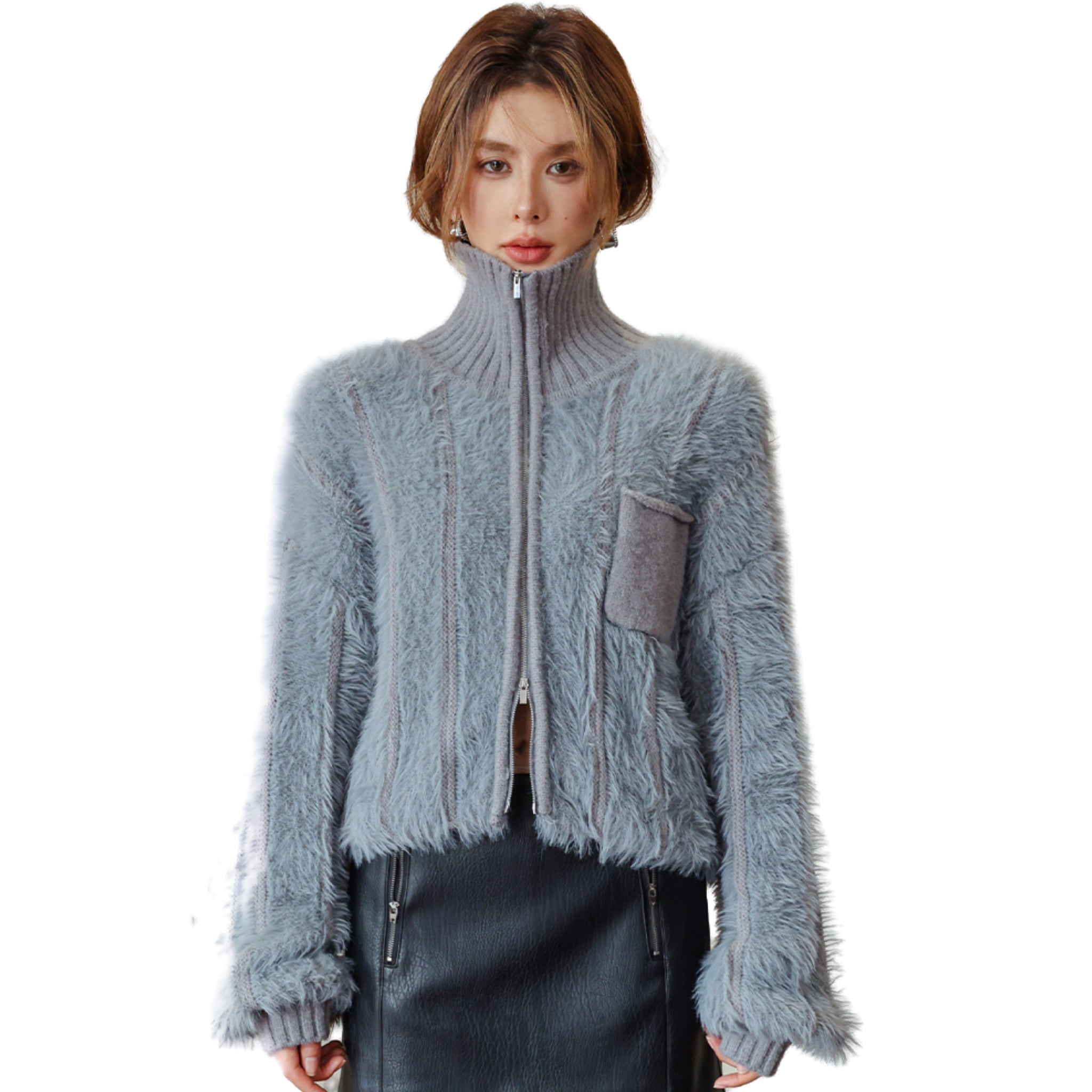 SOMESOWE Grey Faux Fur Zipper Cardigan | MADA IN CHINA