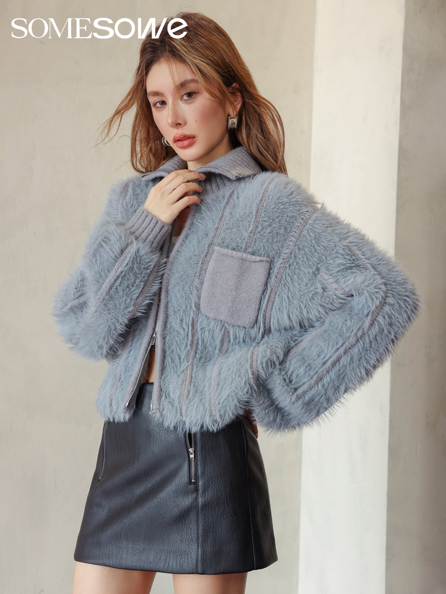 SOMESOWE Grey Faux Fur Zipper Cardigan | MADA IN CHINA