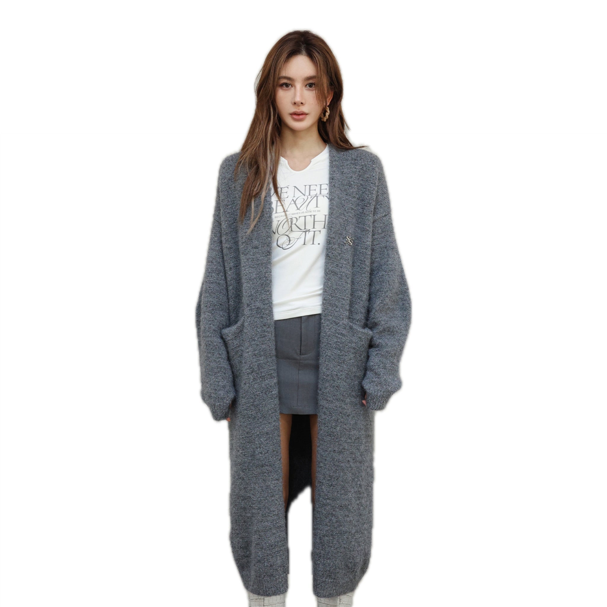 SOMESOWE Grey Fluffy Blend Long Cardigan | MADA IN CHINA