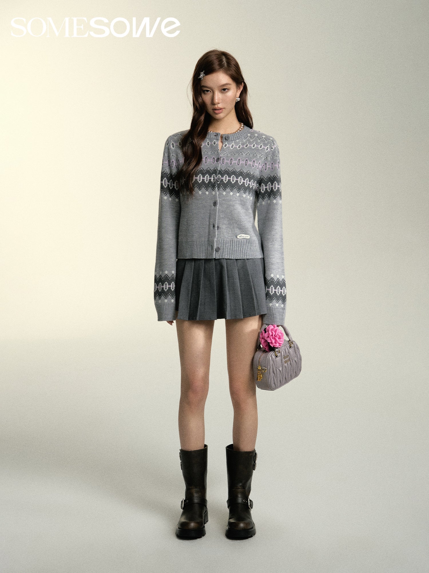 SOMESOWE Grey Retro Fair Isle Cardigan | MADA IN CHINA