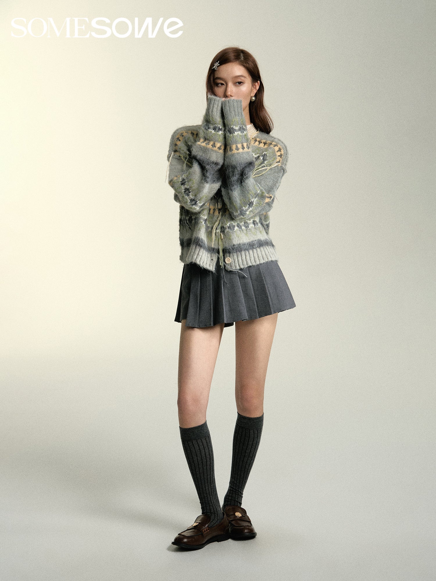 SOMESOWE Grey Tassle Collar Jacquard Short Cardigan | MADA IN CHINA