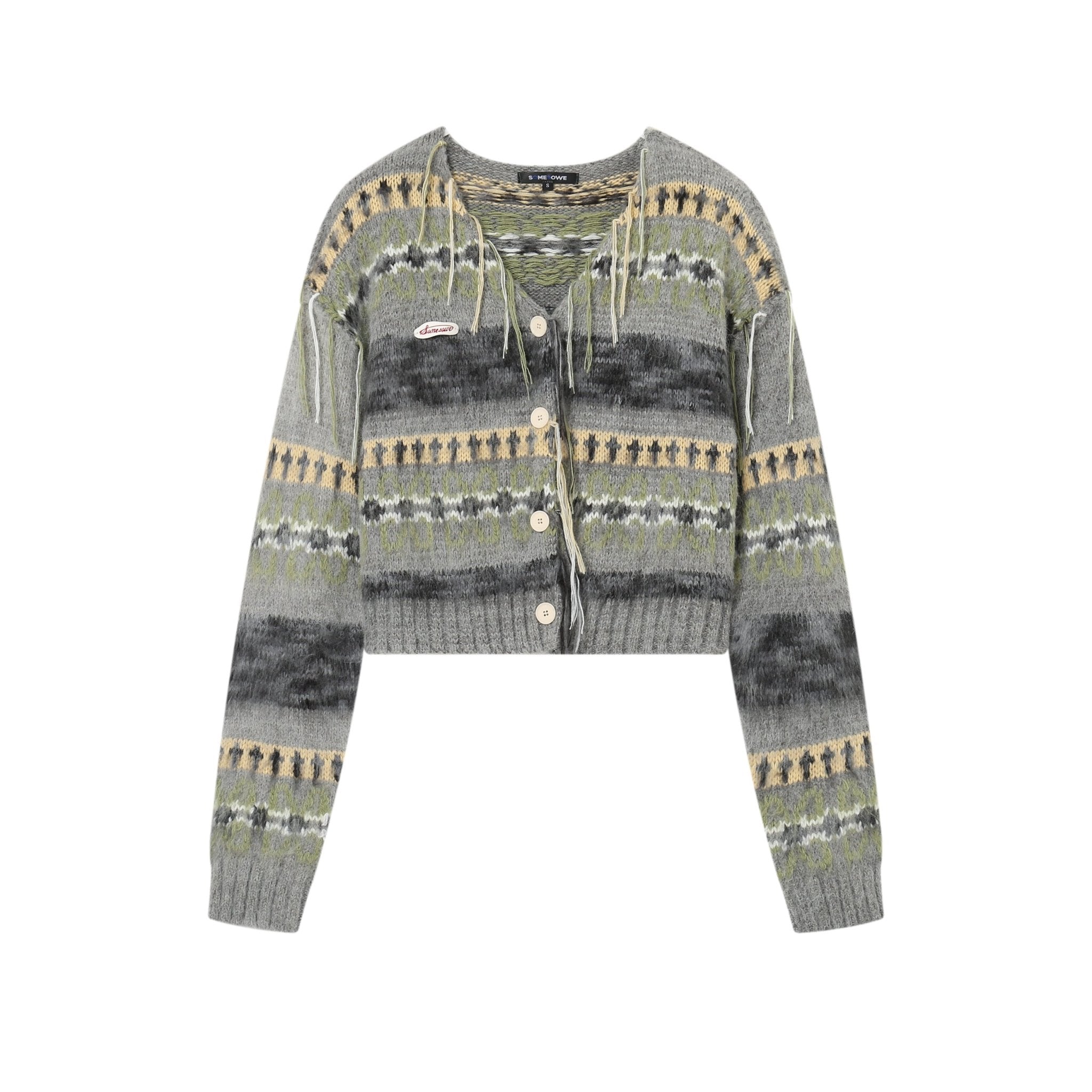 SOMESOWE Grey Tassle Collar Jacquard Short Cardigan | MADA IN CHINA