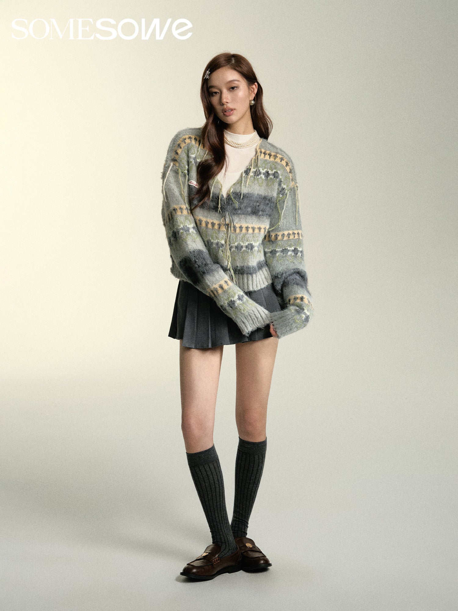 SOMESOWE Grey Tassle Collar Jacquard Short Cardigan | MADA IN CHINA