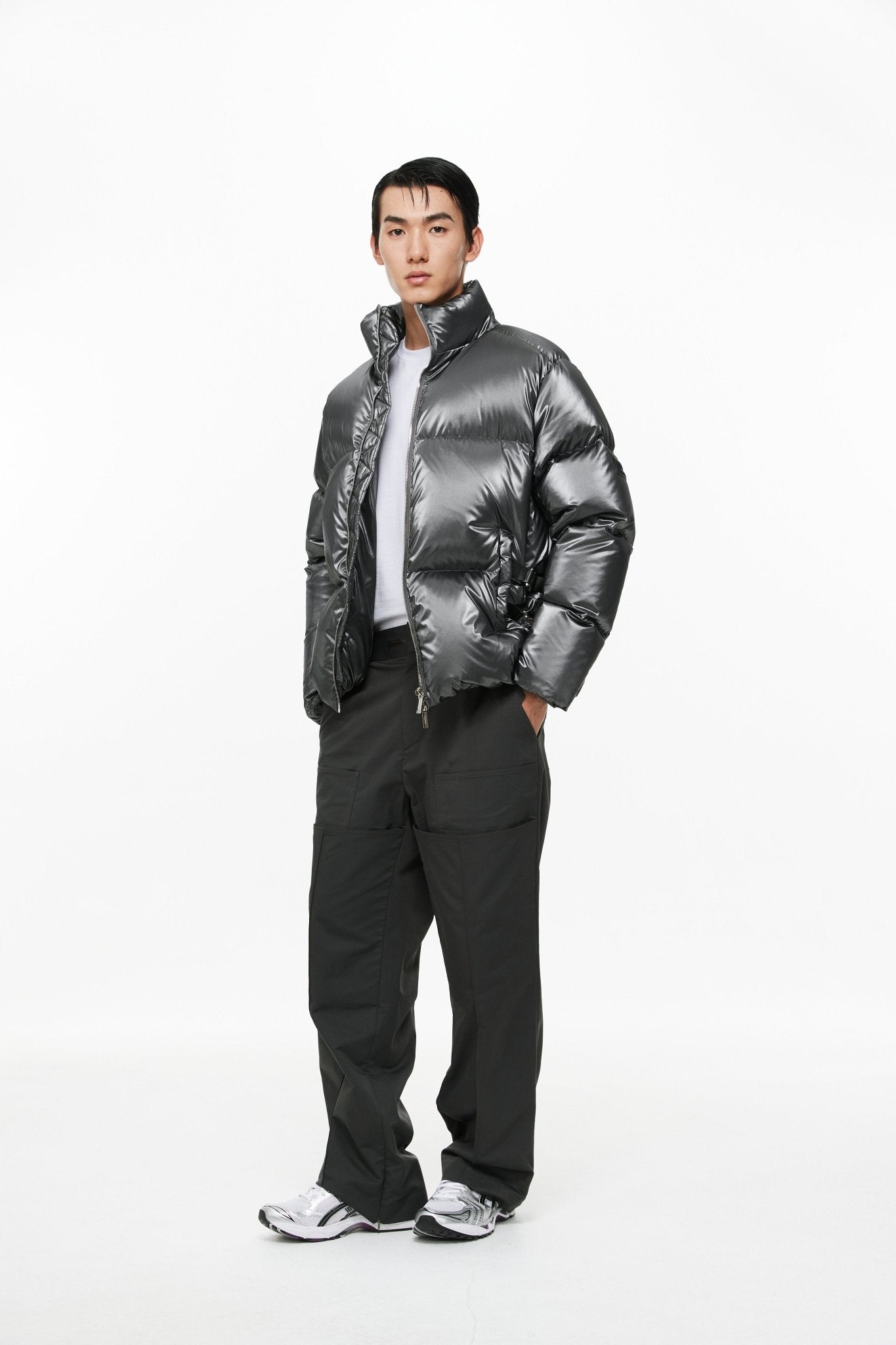 UNAWARES Grey Water-Gloss Custom Buckle Down Jacket | MADA IN CHINA