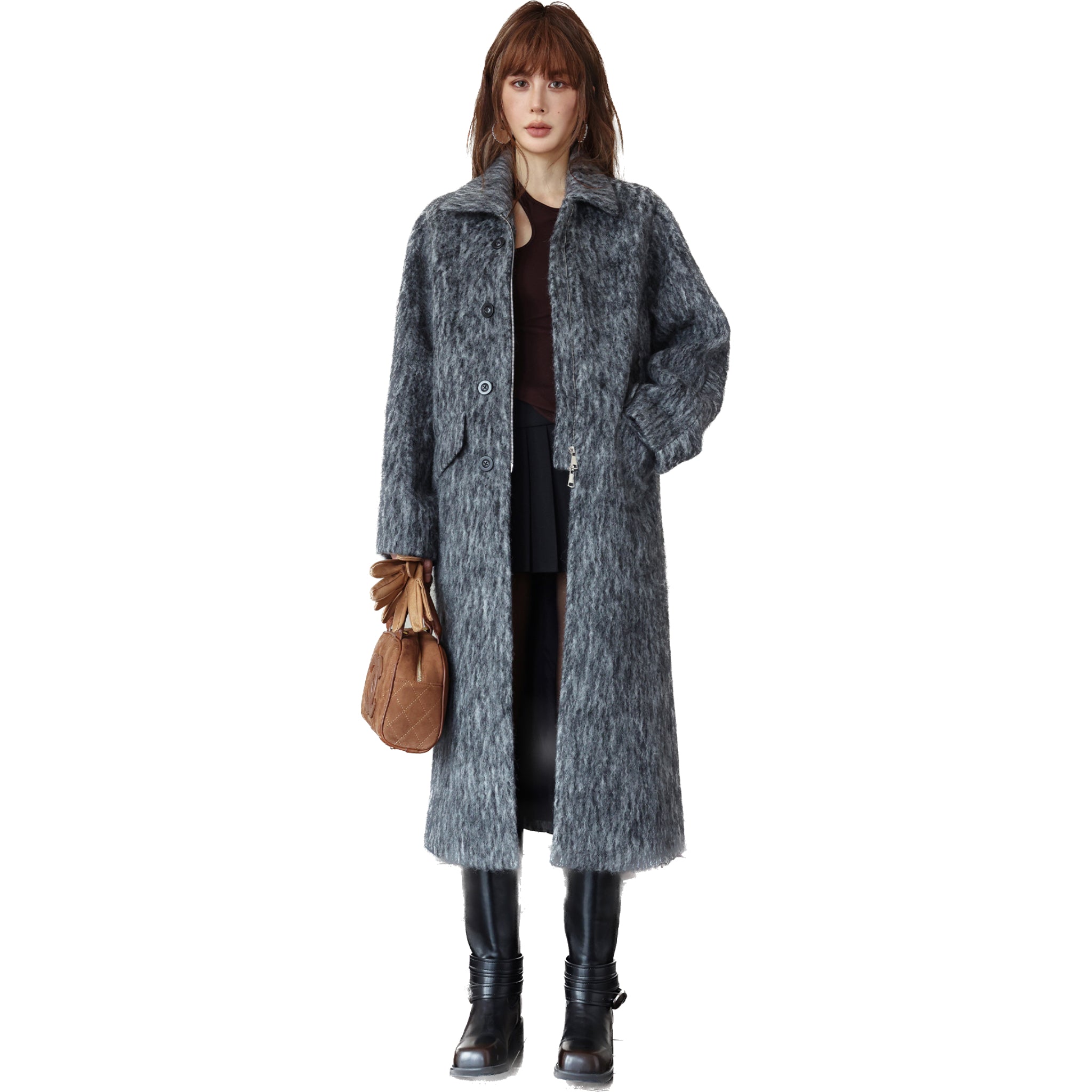 SOMESOWE Grey Wave Pattern Long Wool Coat | MADA IN CHINA