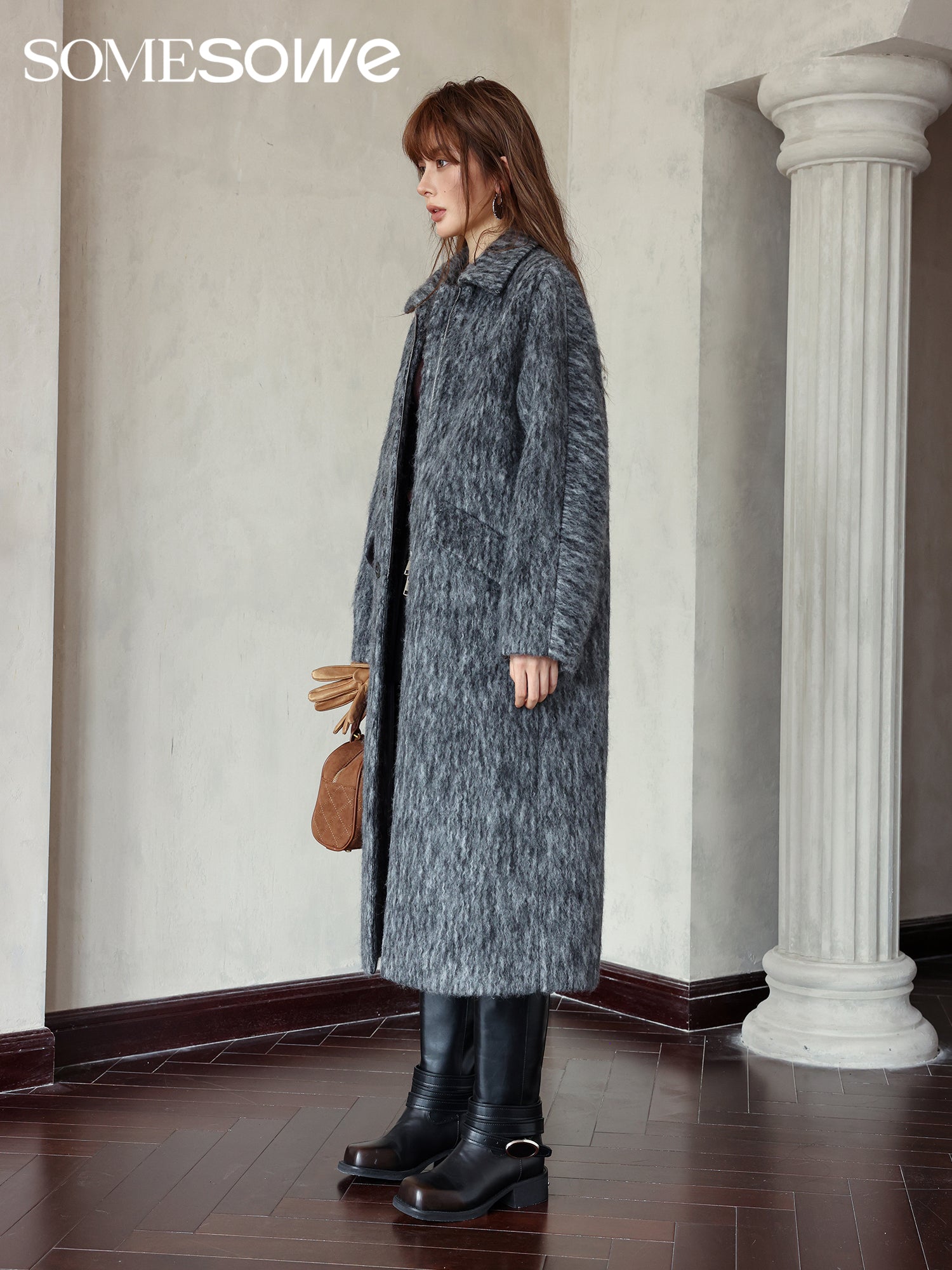 SOMESOWE Grey Wave Pattern Long Wool Coat | MADA IN CHINA