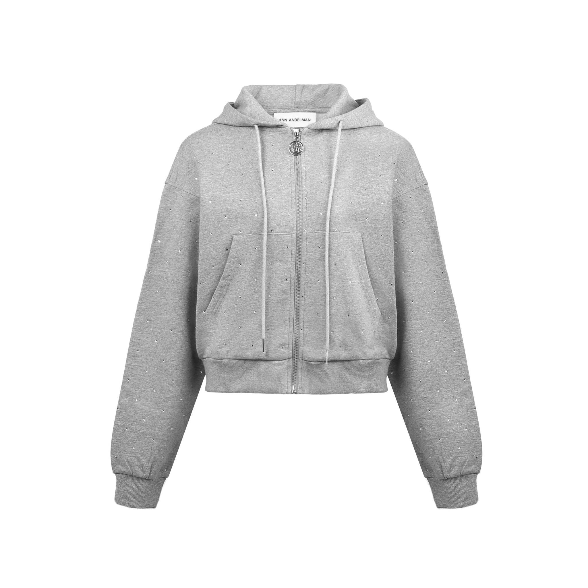 ANN ANDELMAN Grey Zipper Rhinestone Sweatshirt | MADA IN CHINA