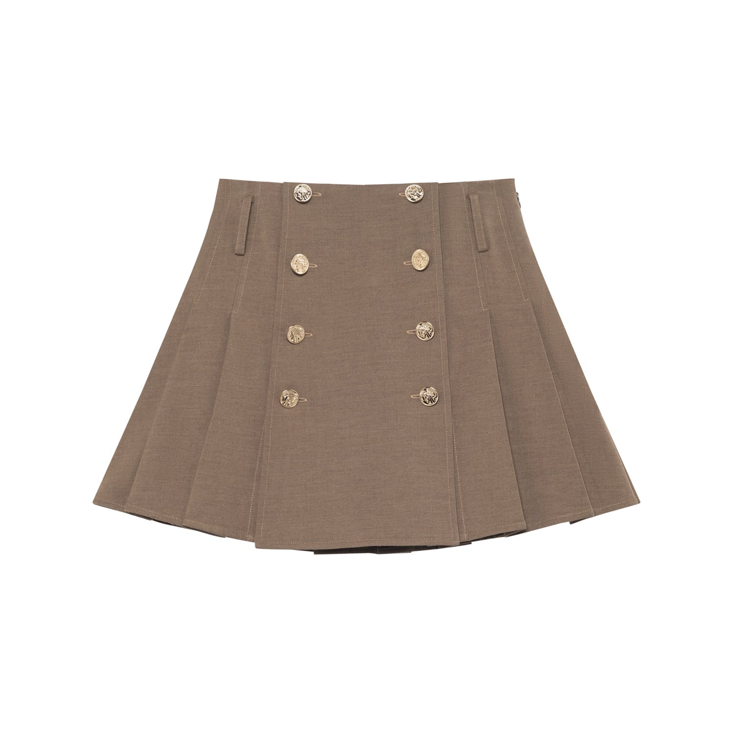 SOMESOWE Khaki Button Pleated Short Skirt | MADA IN CHINA