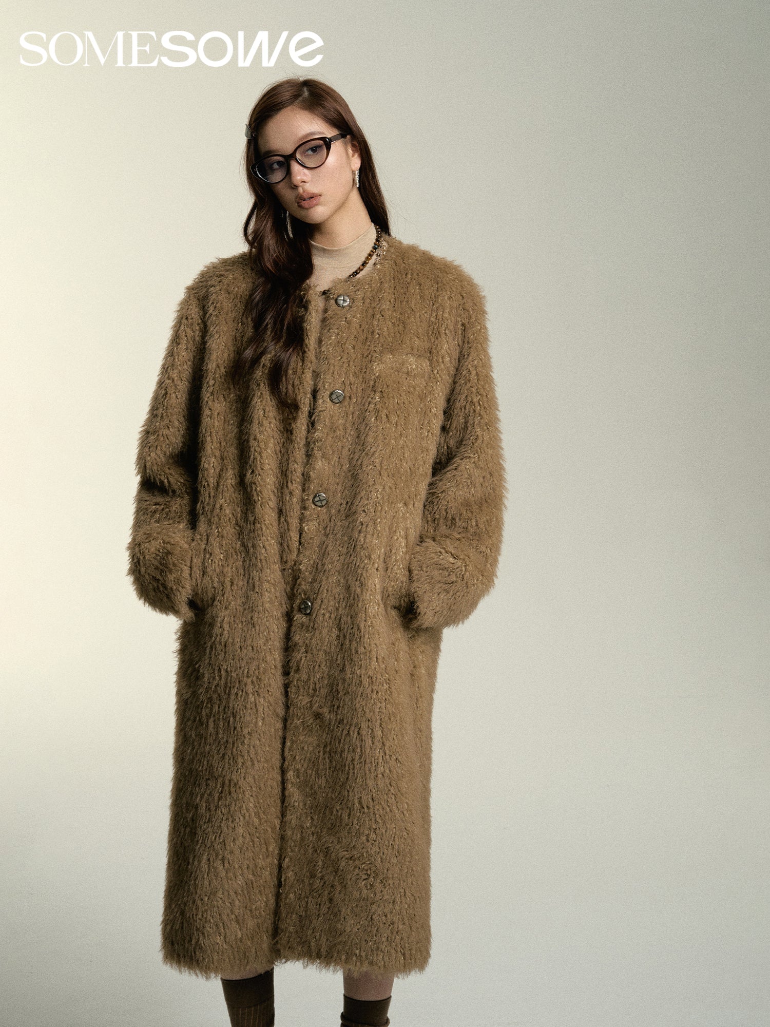 SOMESOWE Khaki Faux Fur Long Coat | MADA IN CHINA