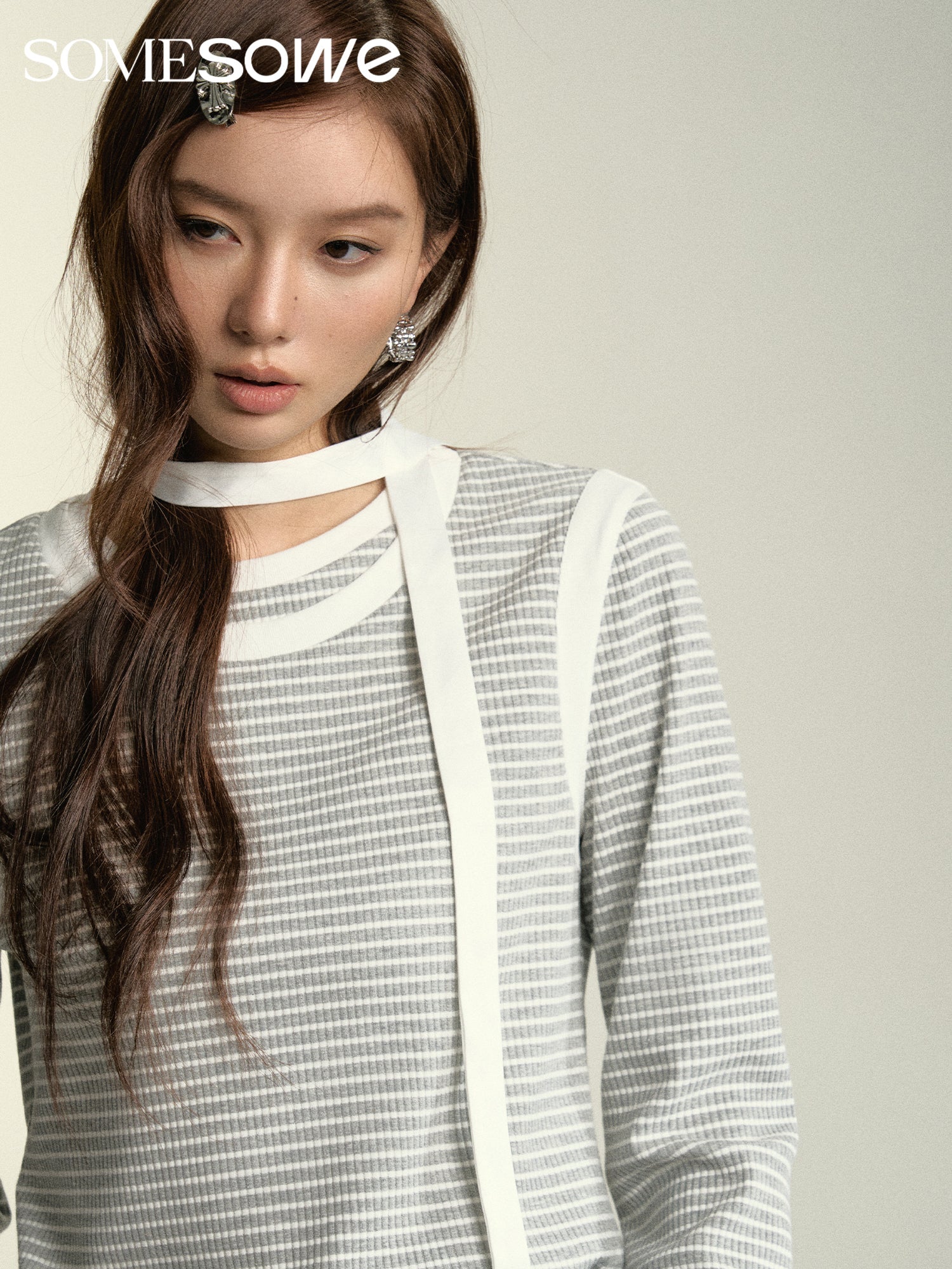 SOMESOWE Light Grey Strip Double Collar Long Sleeve T-shirt | MADA IN CHINA