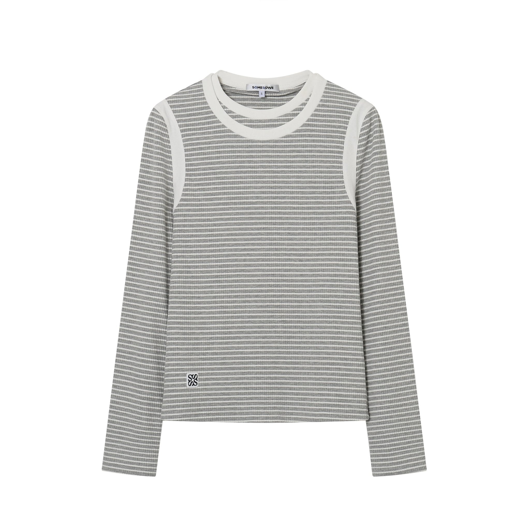 SOMESOWE Light Grey Strip Double Collar Long Sleeve T-shirt | MADA IN CHINA