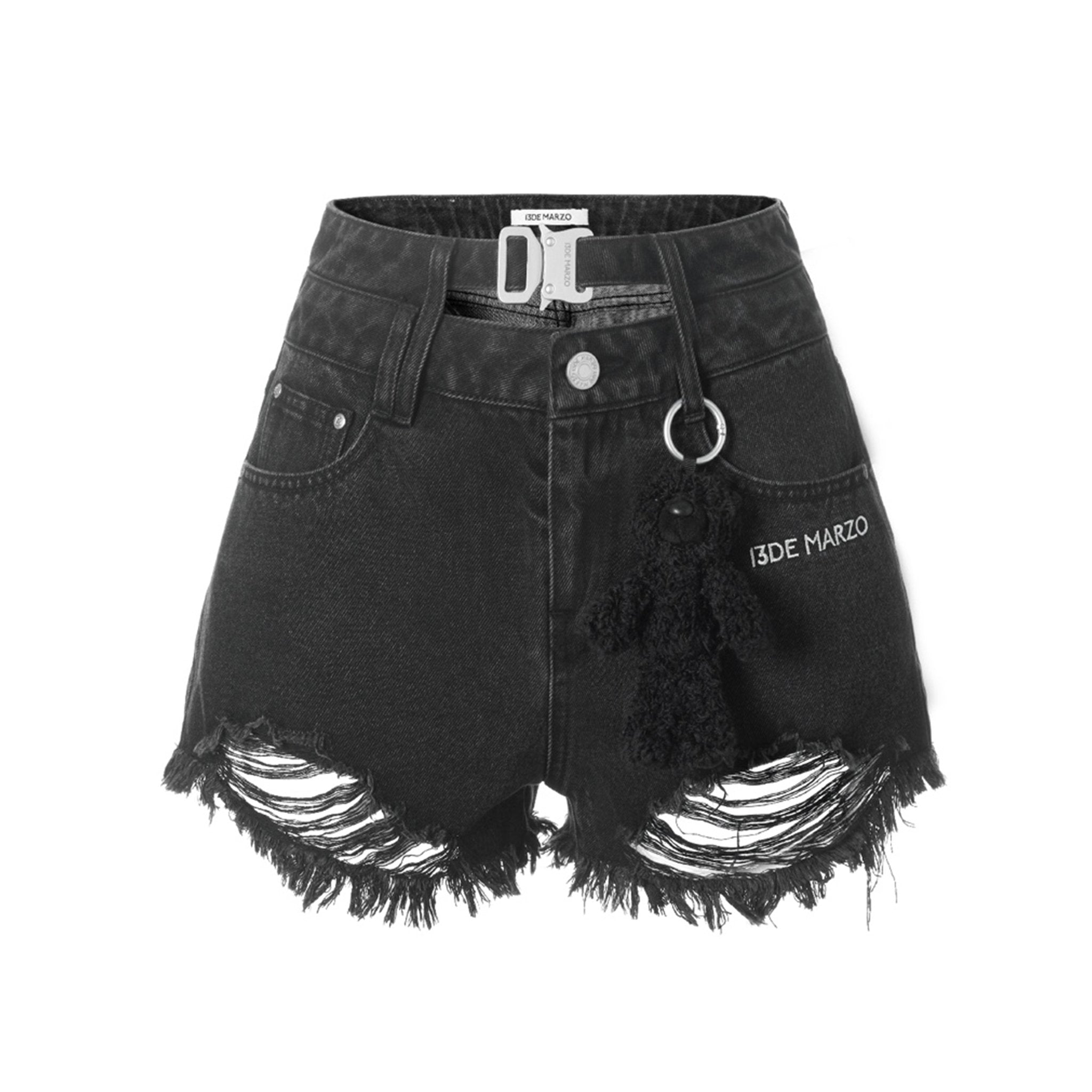 13DE MARZO Logo Broken Denim Shorts Black | MADA IN CHINA