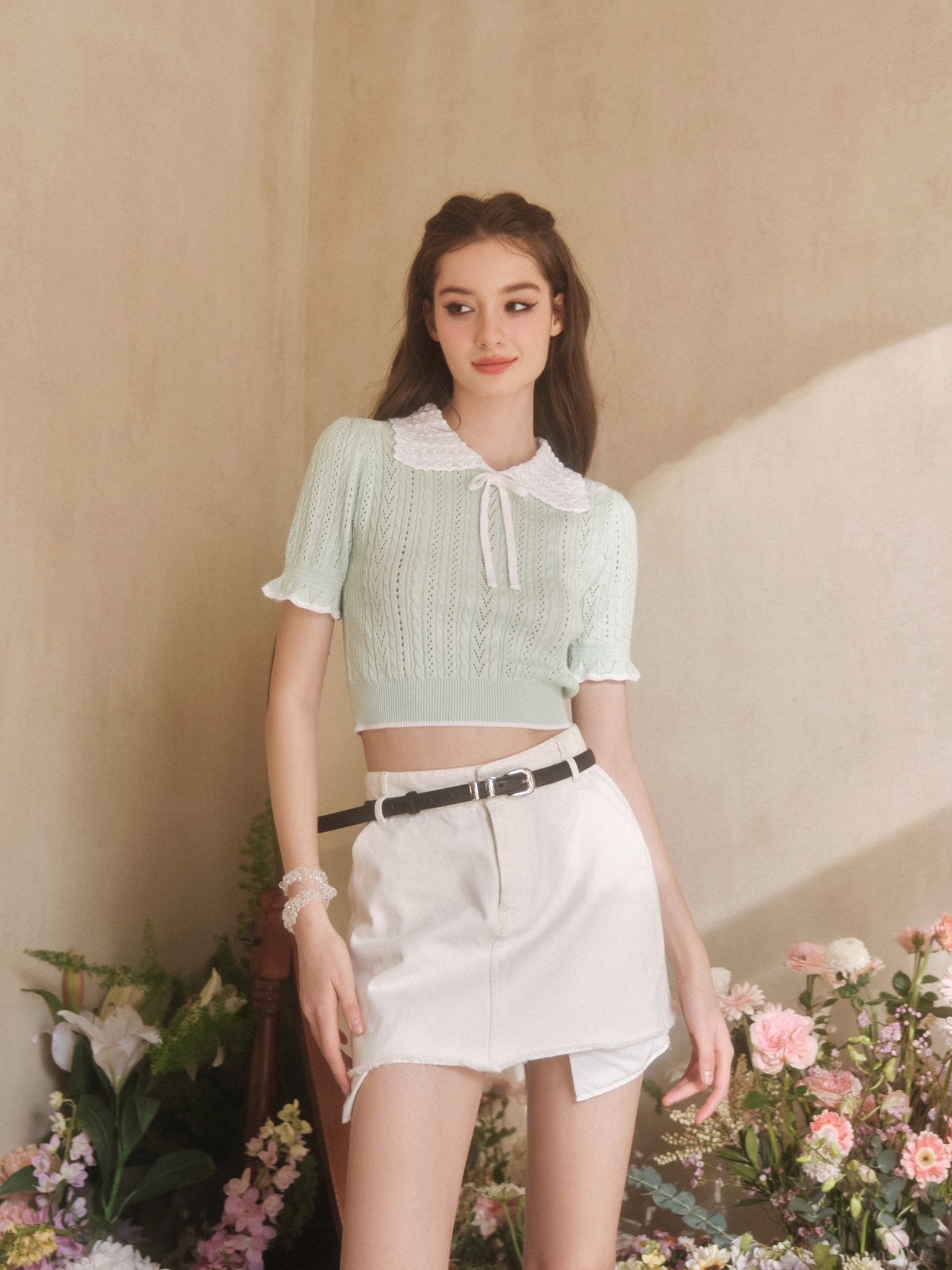 THREE QUARTERS Mint Green White Collar Top | MADA IN CHINA