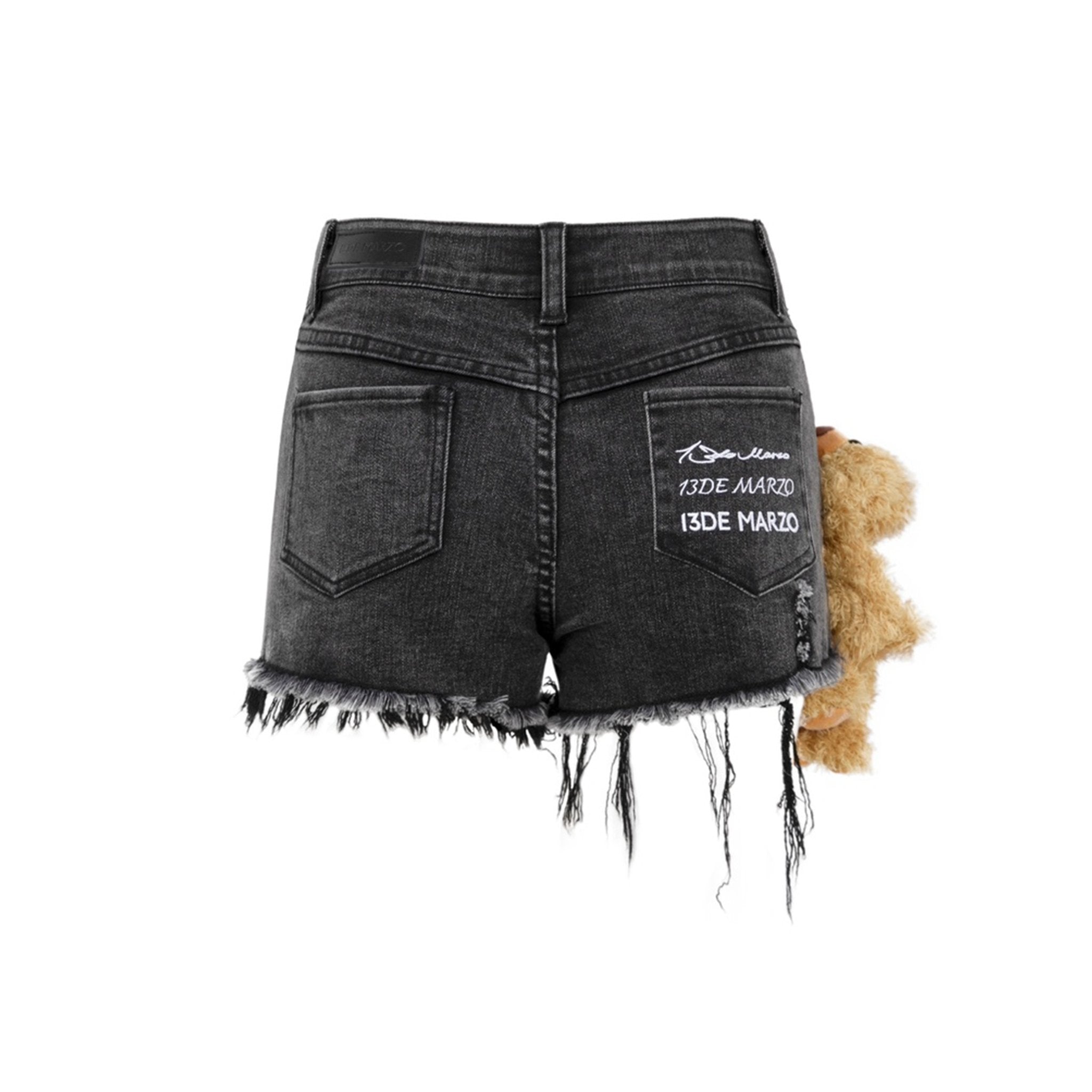 13DE MARZO Multiple Bear Logo Denim Shorts Black | MADA IN CHINA