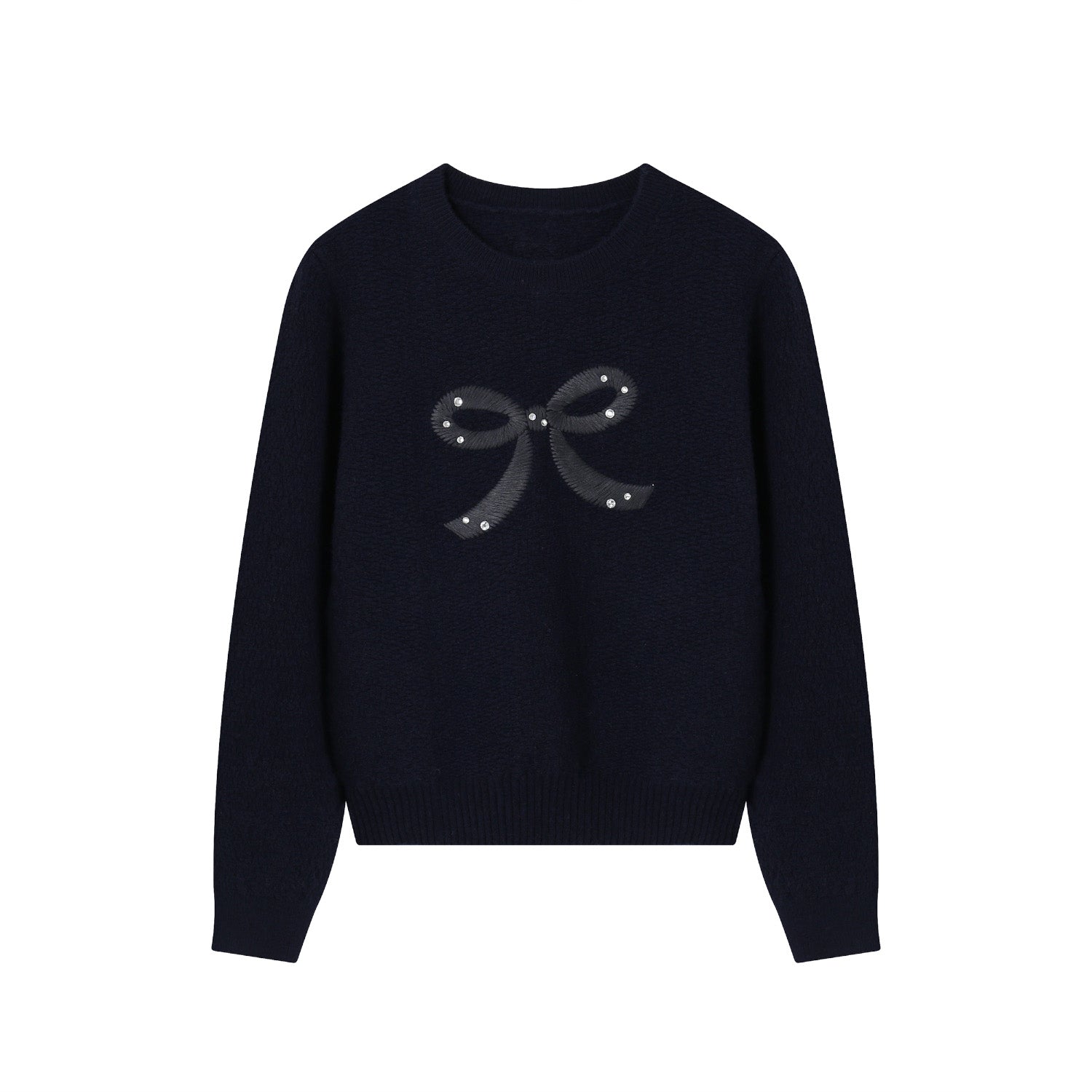 SOMESOWE Navy Embroidered Bow Crew Neck Sweater | MADA IN CHINA