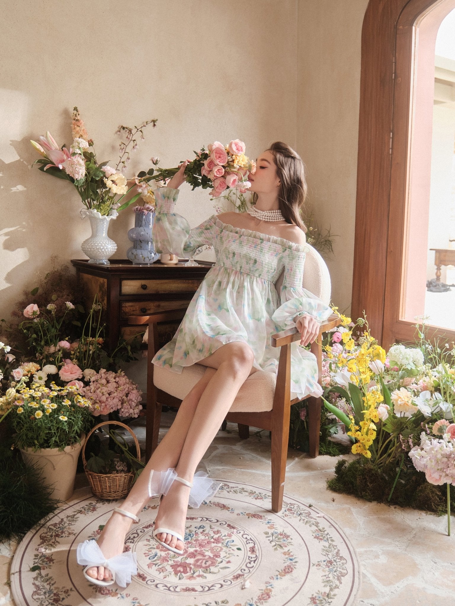 THREE QUARTERS Off-Shoulder Light Green Dress THREE QUARTERS Off-Shoulder Light Green Dress