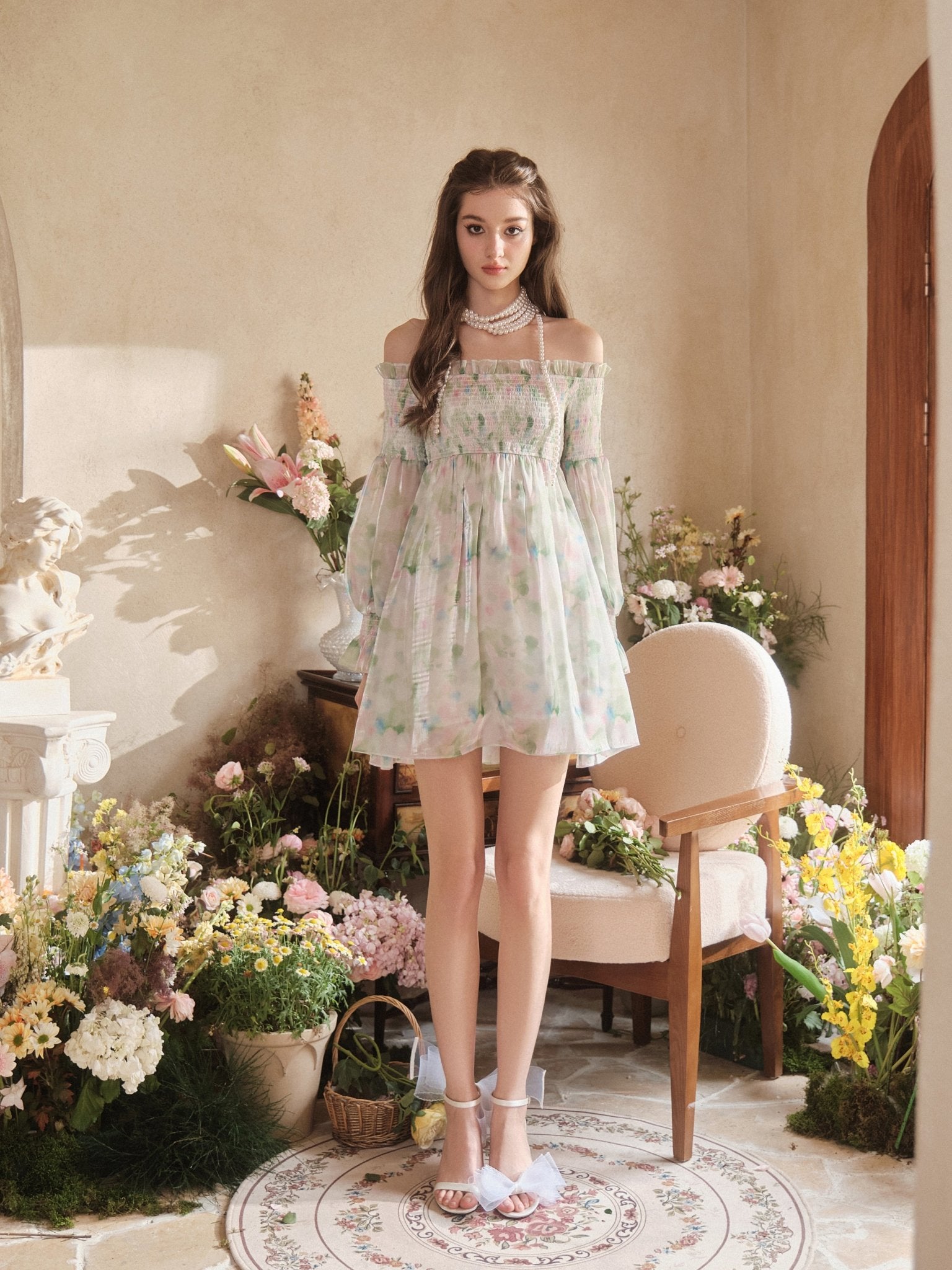 THREE QUARTERS Off-Shoulder Light Green Dress THREE QUARTERS Off-Shoulder Light Green Dress